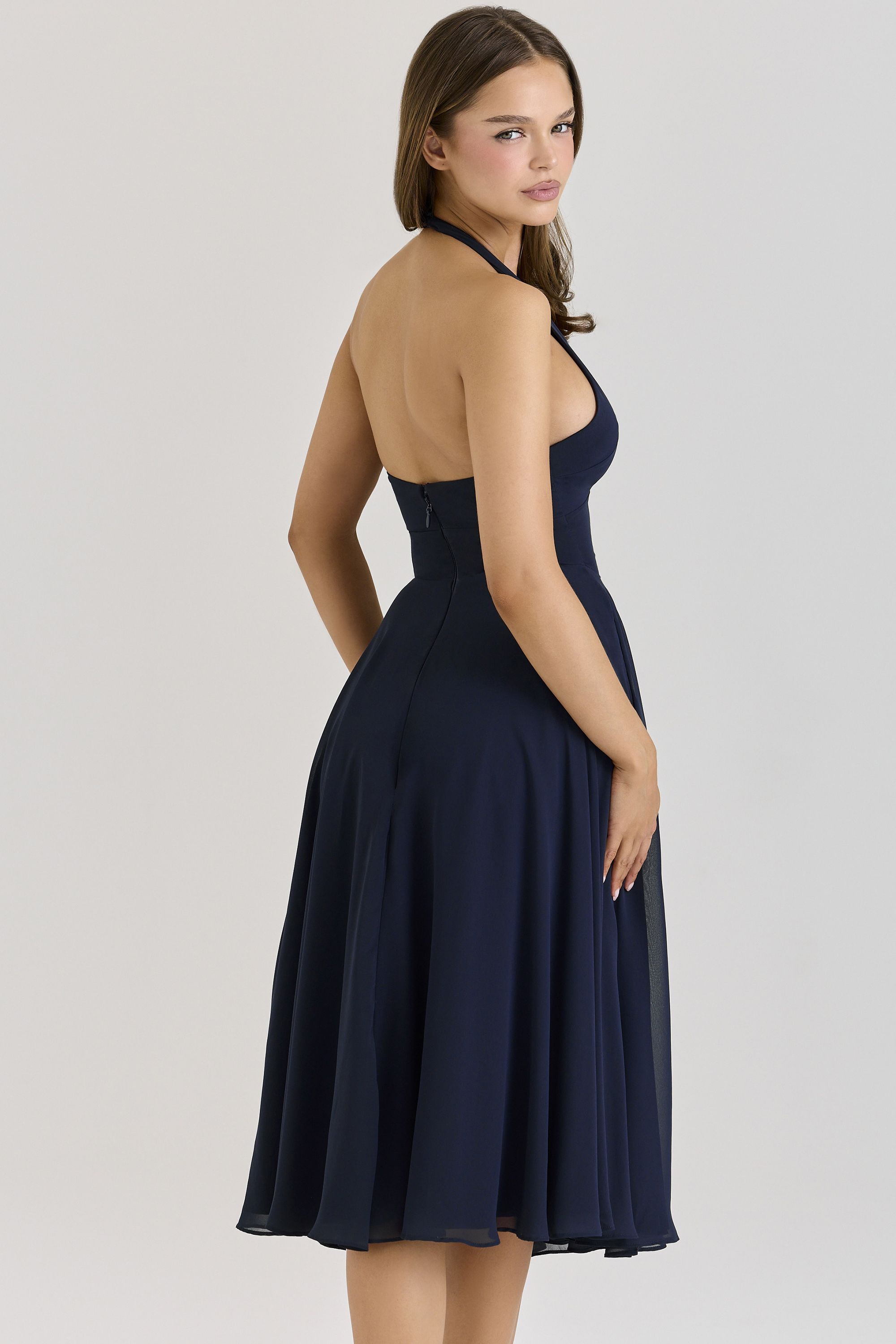 Solada Navy Georgette Halter Midi Dress - luluinthesky