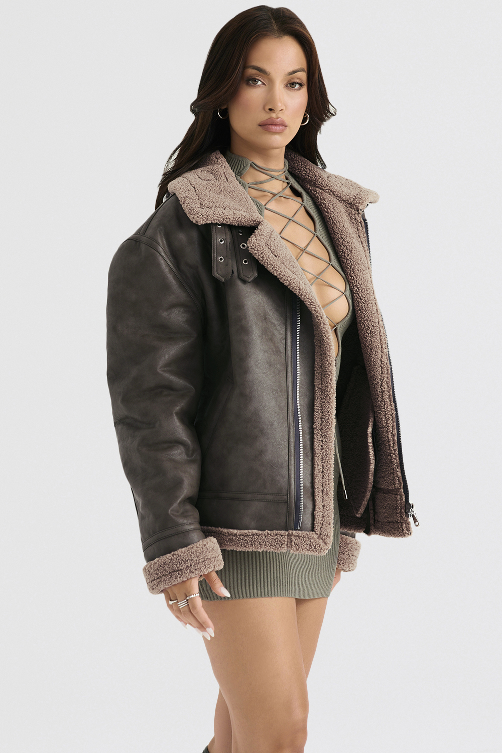 Madden Army Green Vegan Shearling Aviator Jacket - luluinthesky