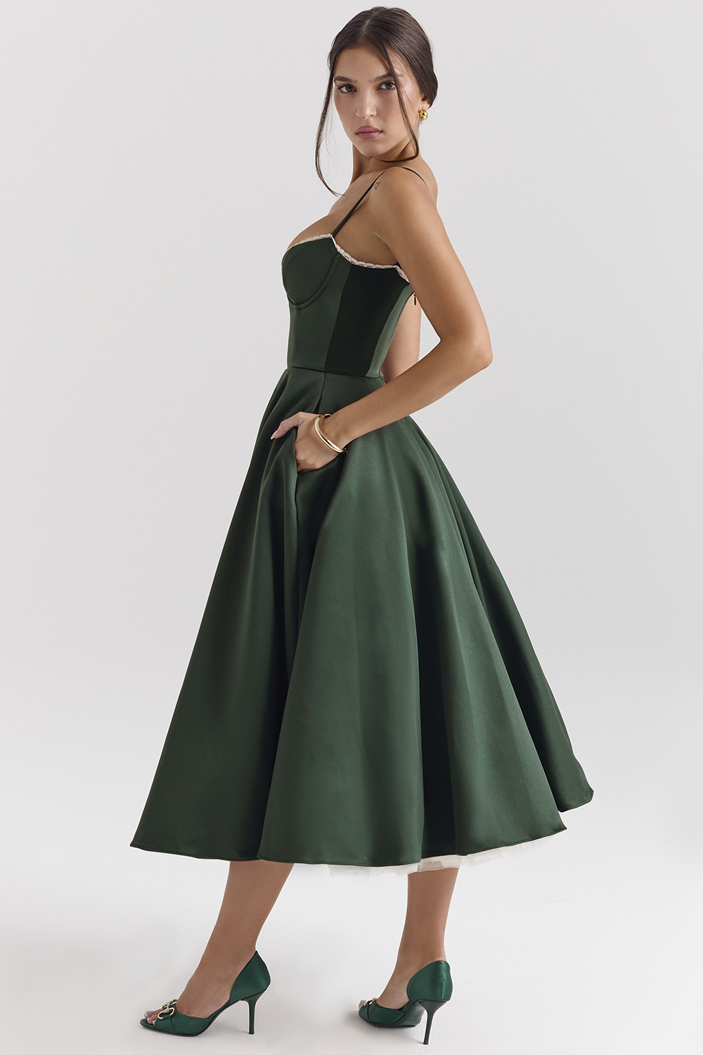 Mademoiselle Forest Green Satin Tulle Midi Dress - luluinthesky
