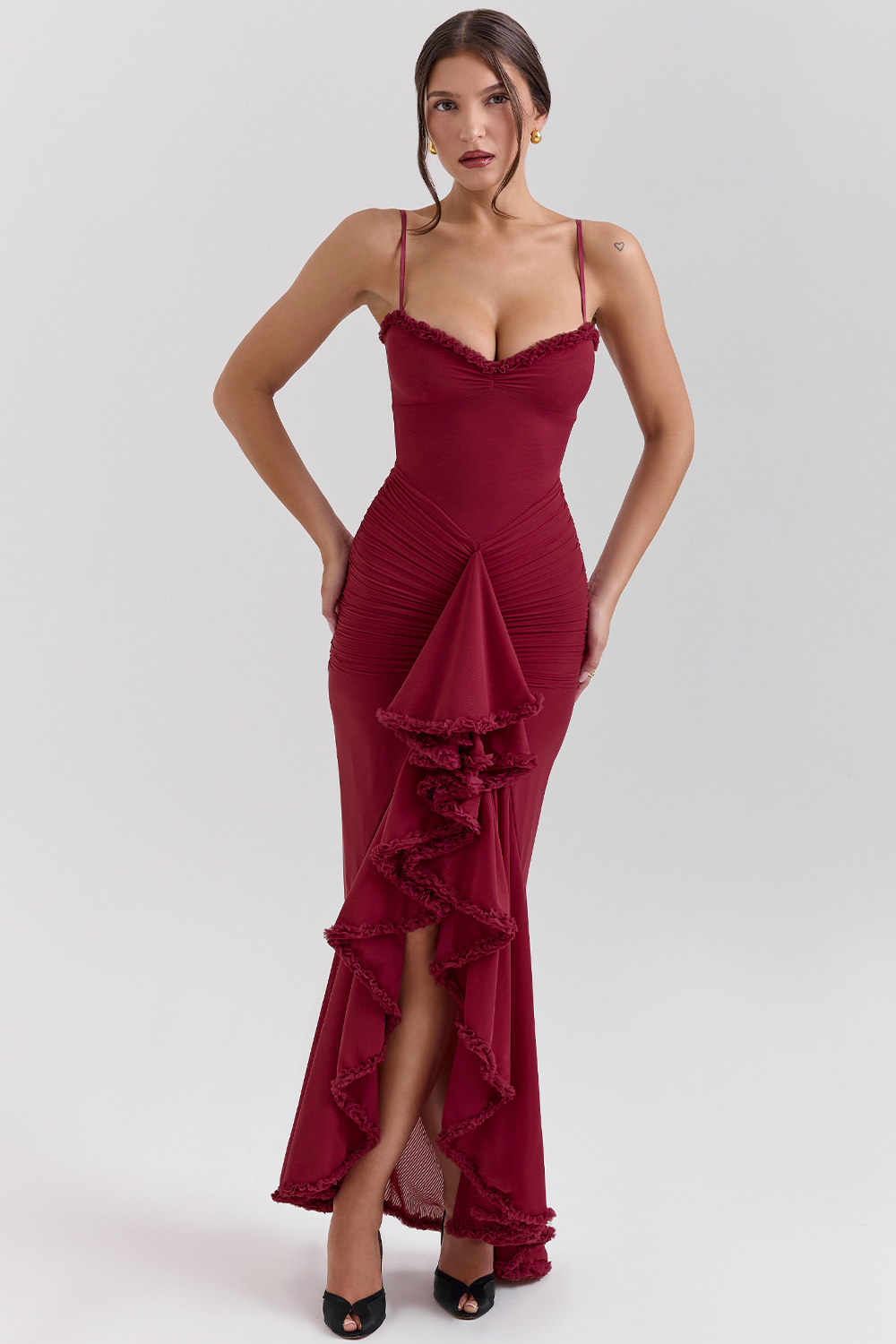 Gabbi Wine Ruffled Front Gown - luluinthesky