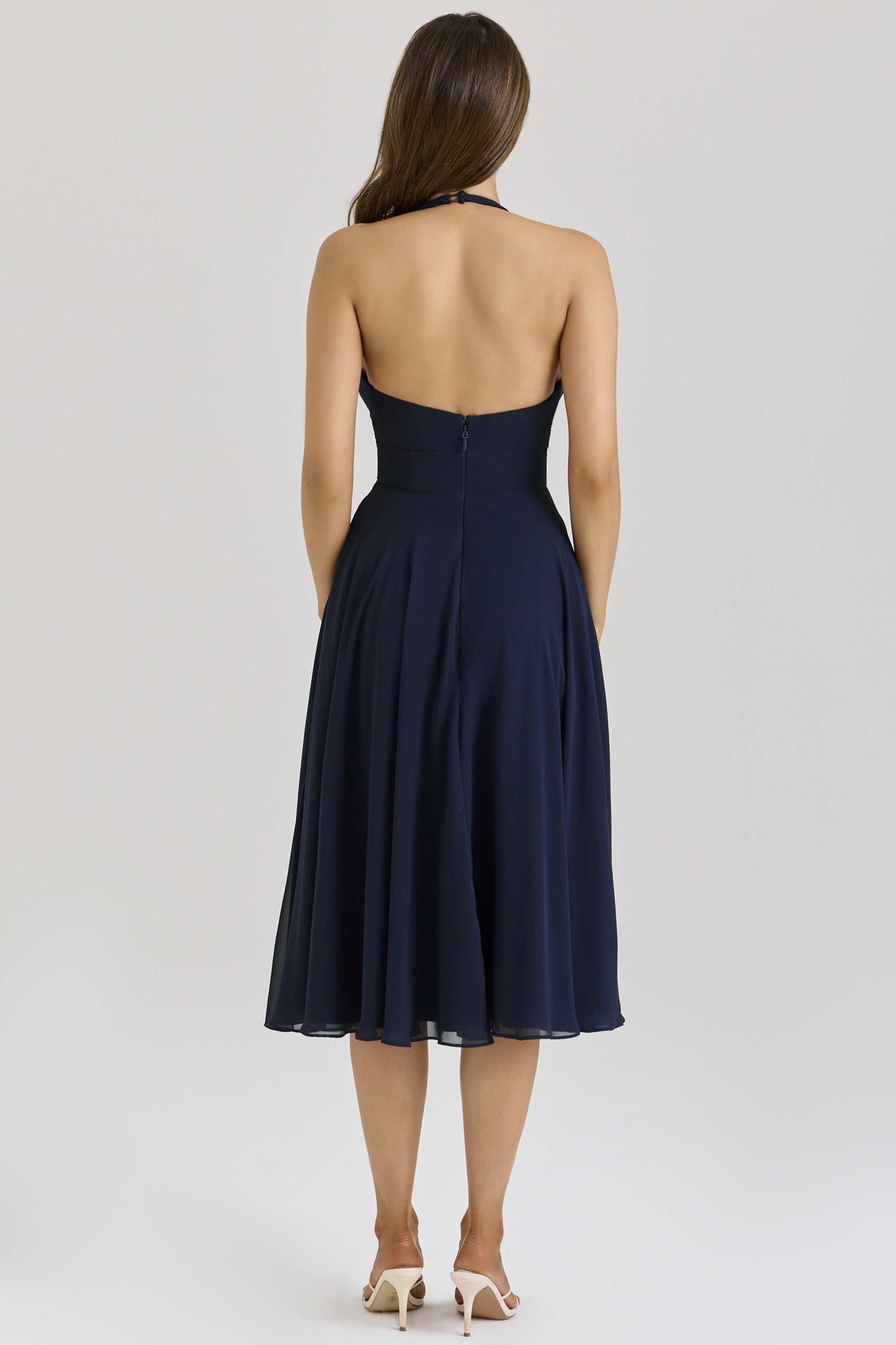 Solada Navy Georgette Halter Midi Dress - luluinthesky