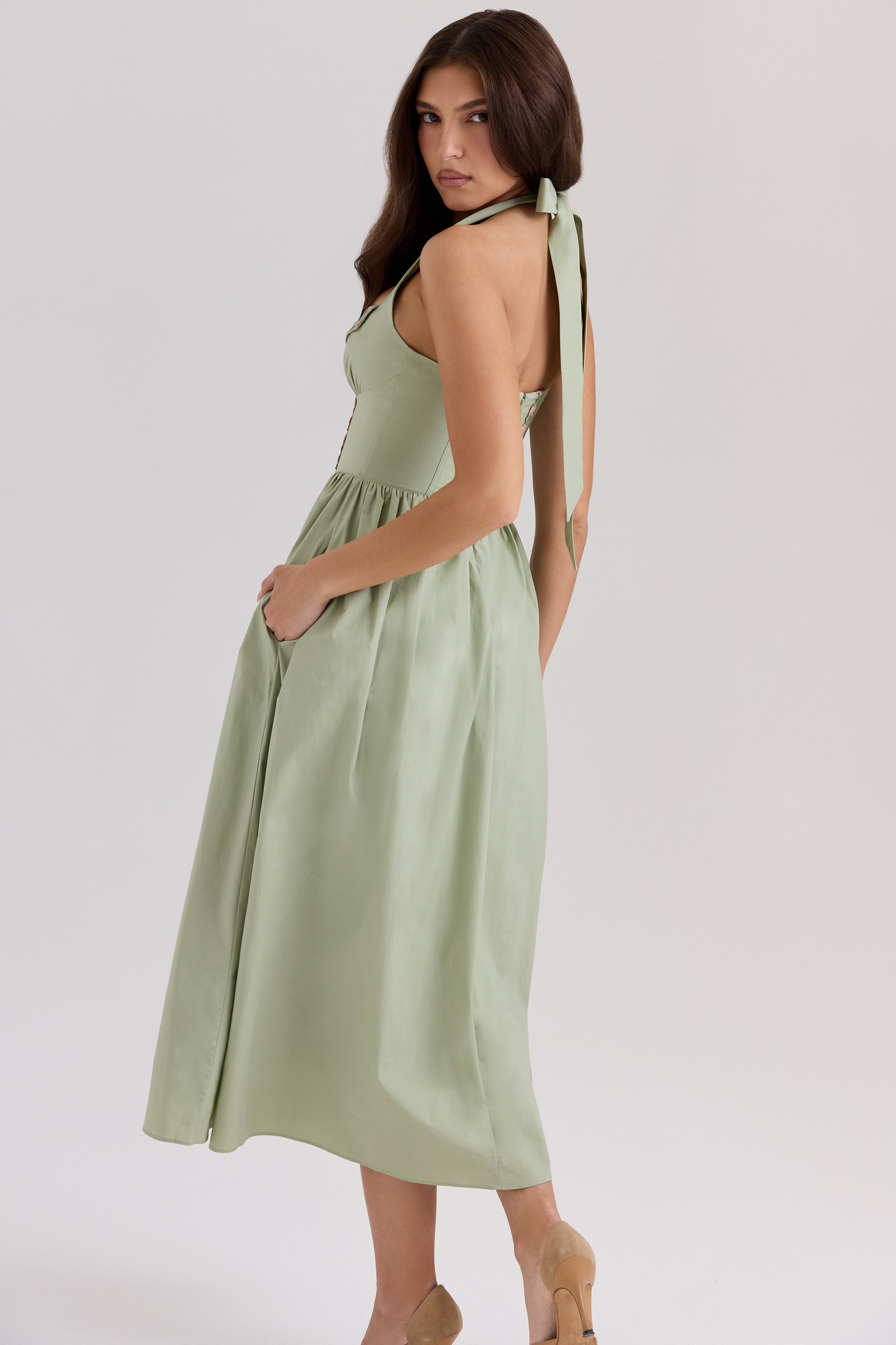 Emilia Sage Stretch Cotton Halter Neck Midi Dress - luluinthesky