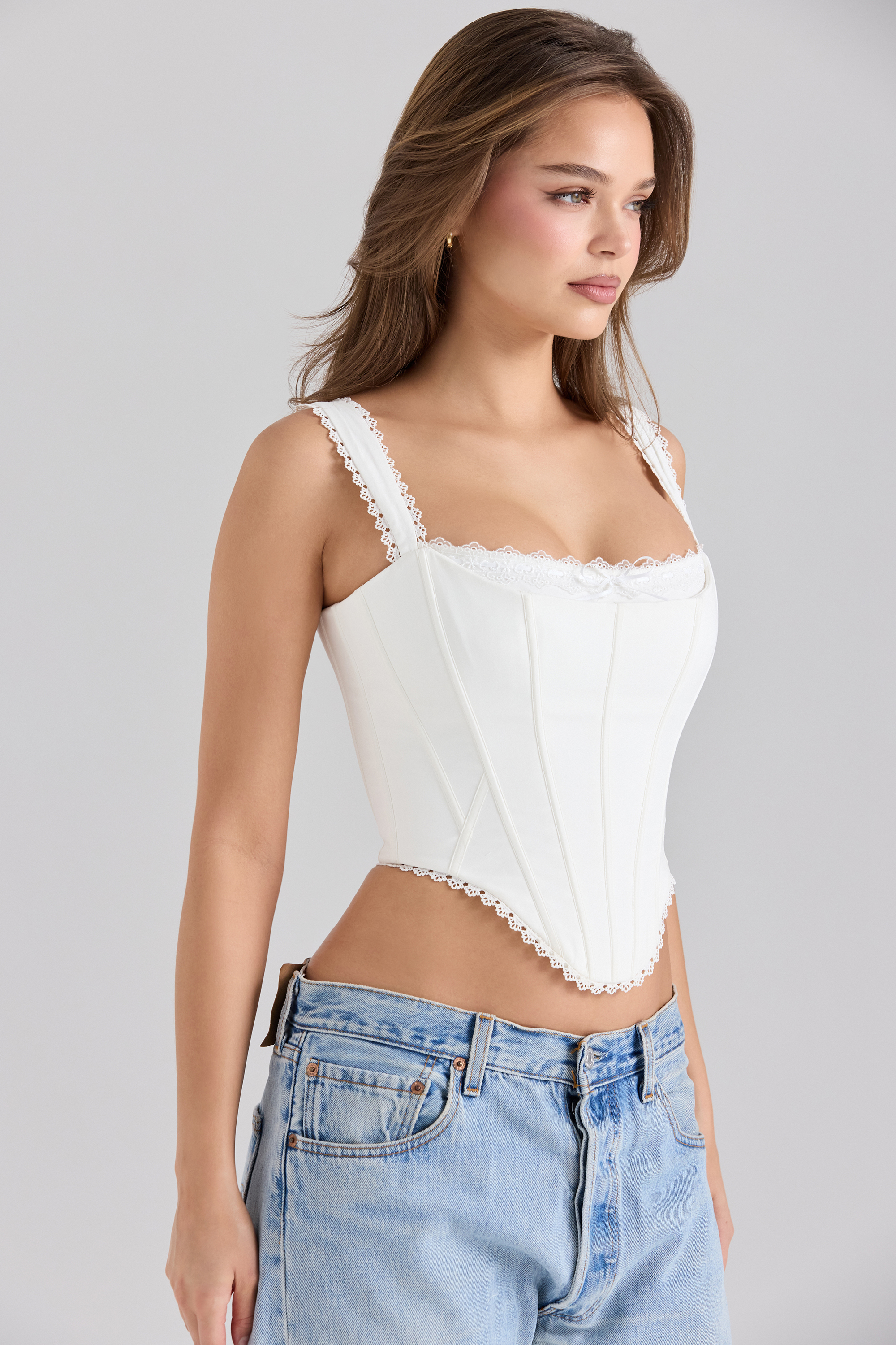 Adina White Stretch Cotton Scallop Trim Corset Top - luluinthesky