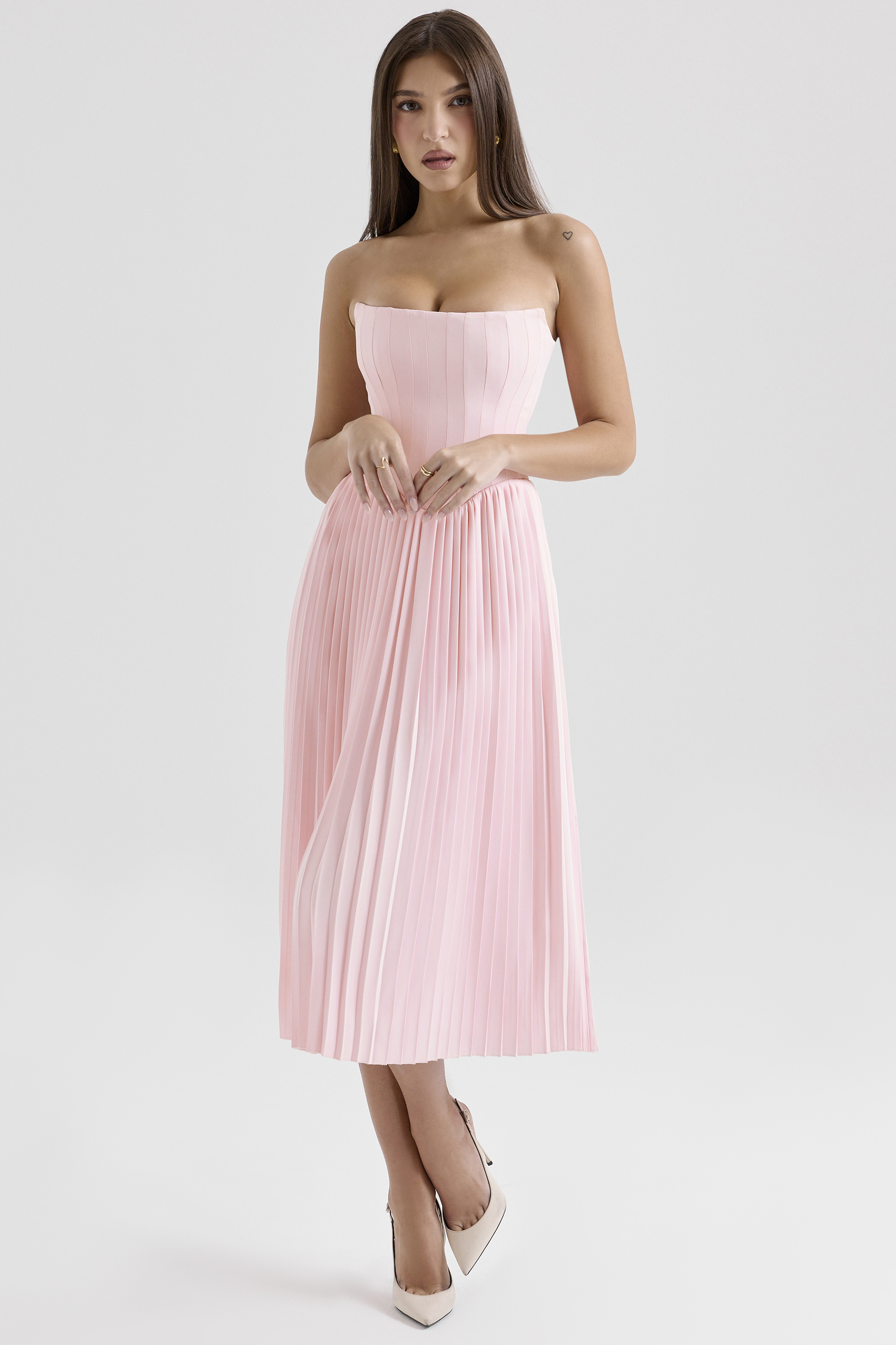 Marci Pink Pleated Midi Corset Dress - luluinthesky