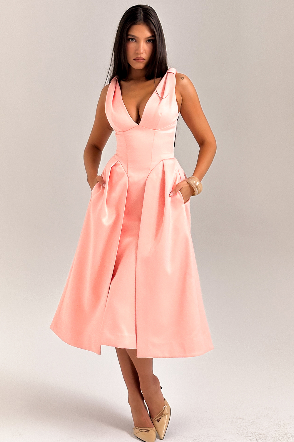 Paloma Peach Satin Pleated Midi Dress - SALE - luluinthesky