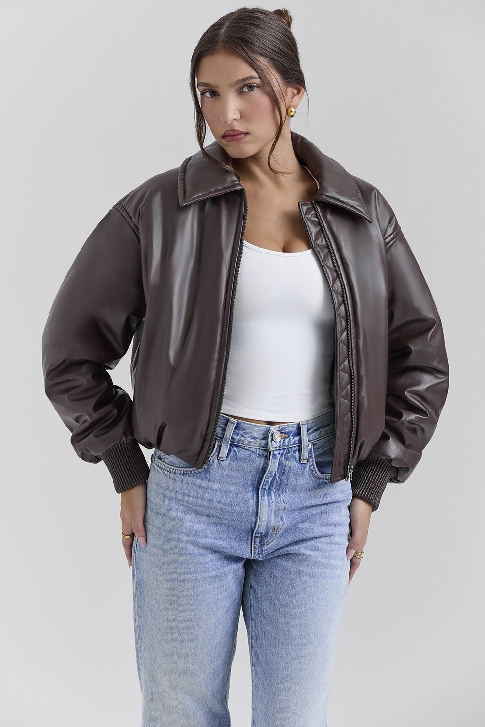 Sante Dark Brown Vegan Leather Bomber Jacket - luluinthesky