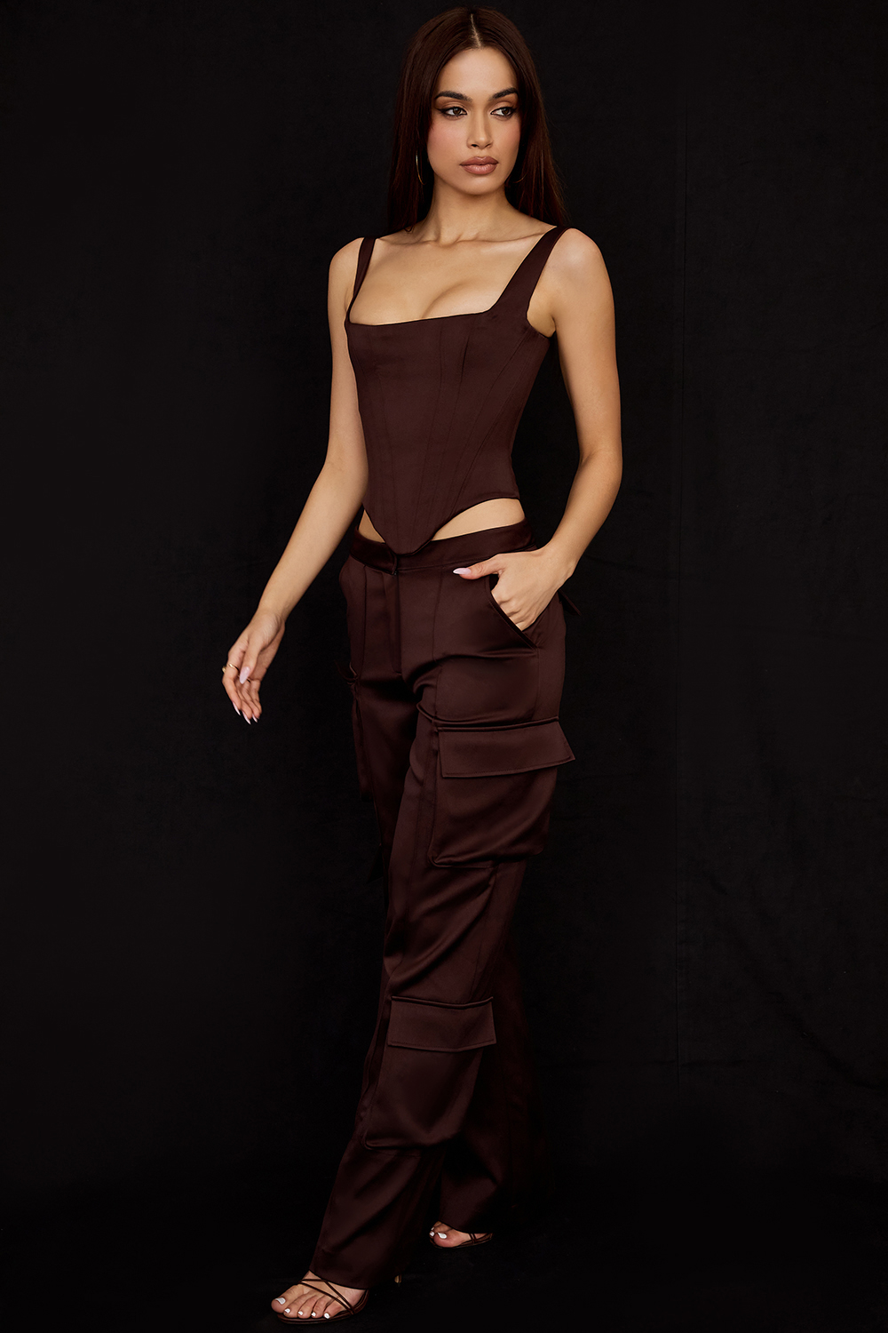 Daria Chocolate Satin Cargo Trousers - luluinthesky