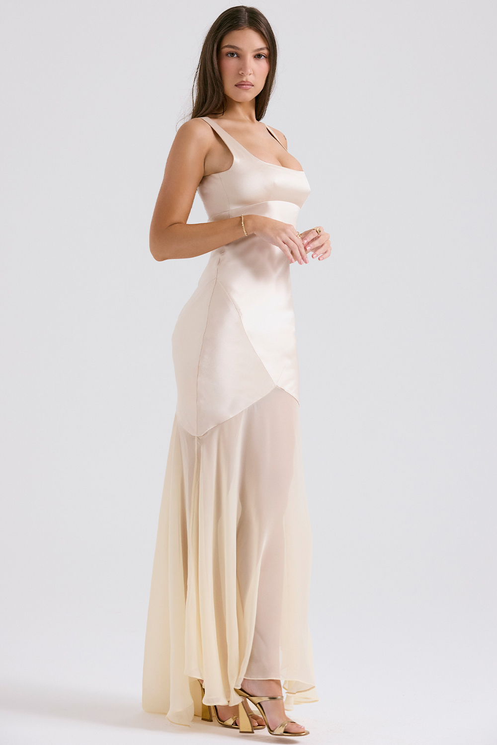 Vittoria Champagne Chiffon Floor Length Gown - luluinthesky
