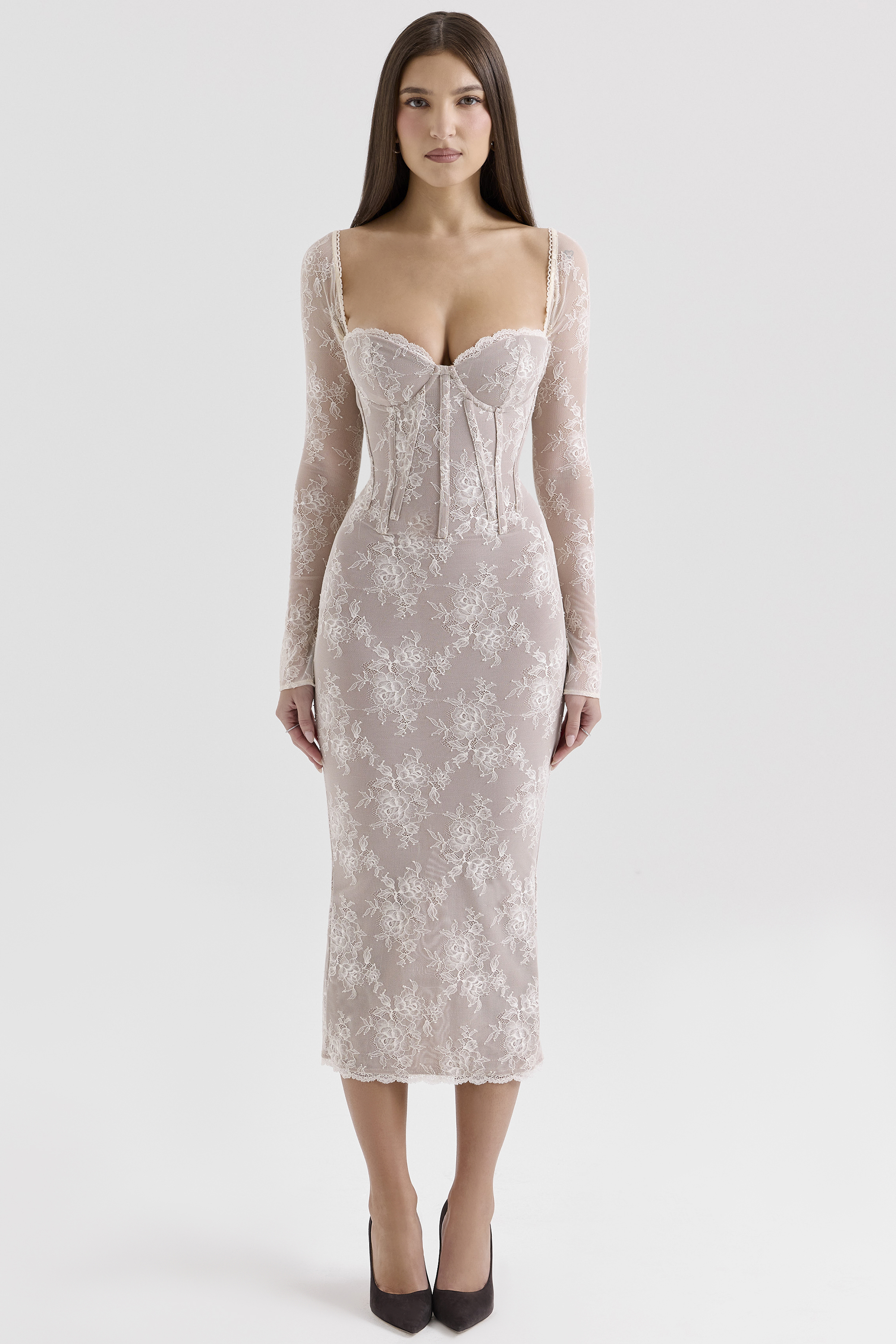 Saisha Ivory Lace Long Sleeve Midi Dress - luluinthesky