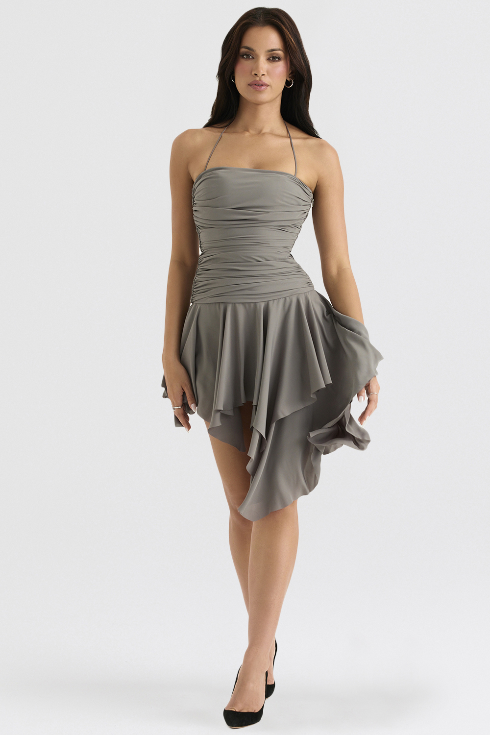Valeria Smoke Gathered Asymmetric Dress - luluinthesky
