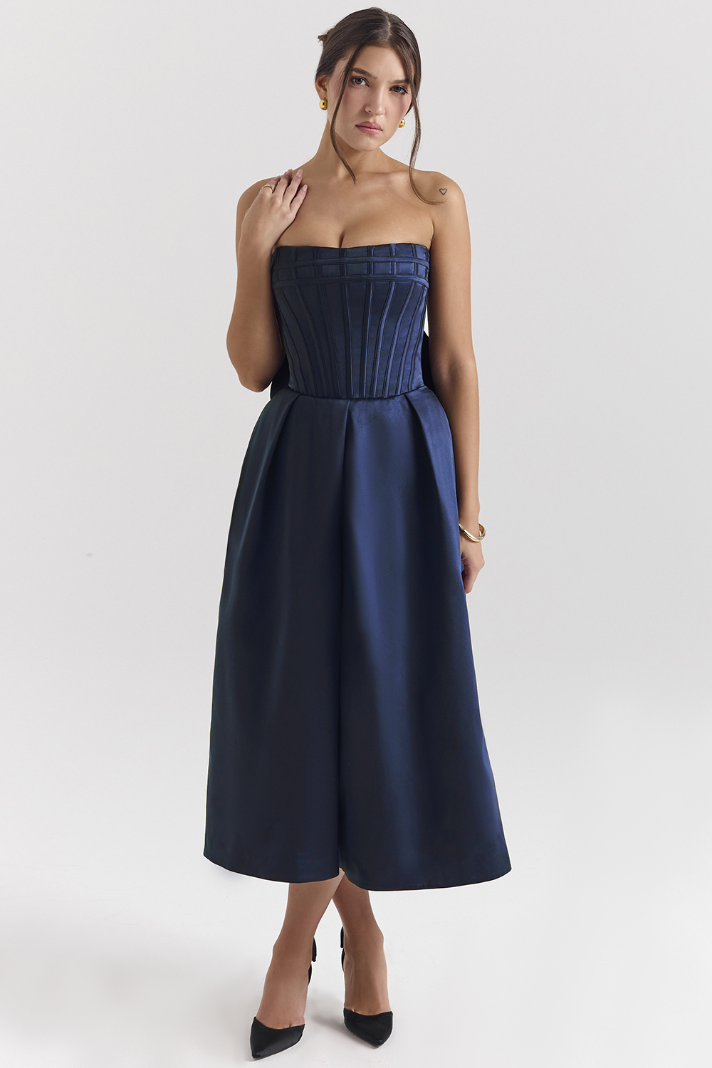 Bellina Midnight Blue Strapless Detachable Bow Midi Dress - luluinthesky