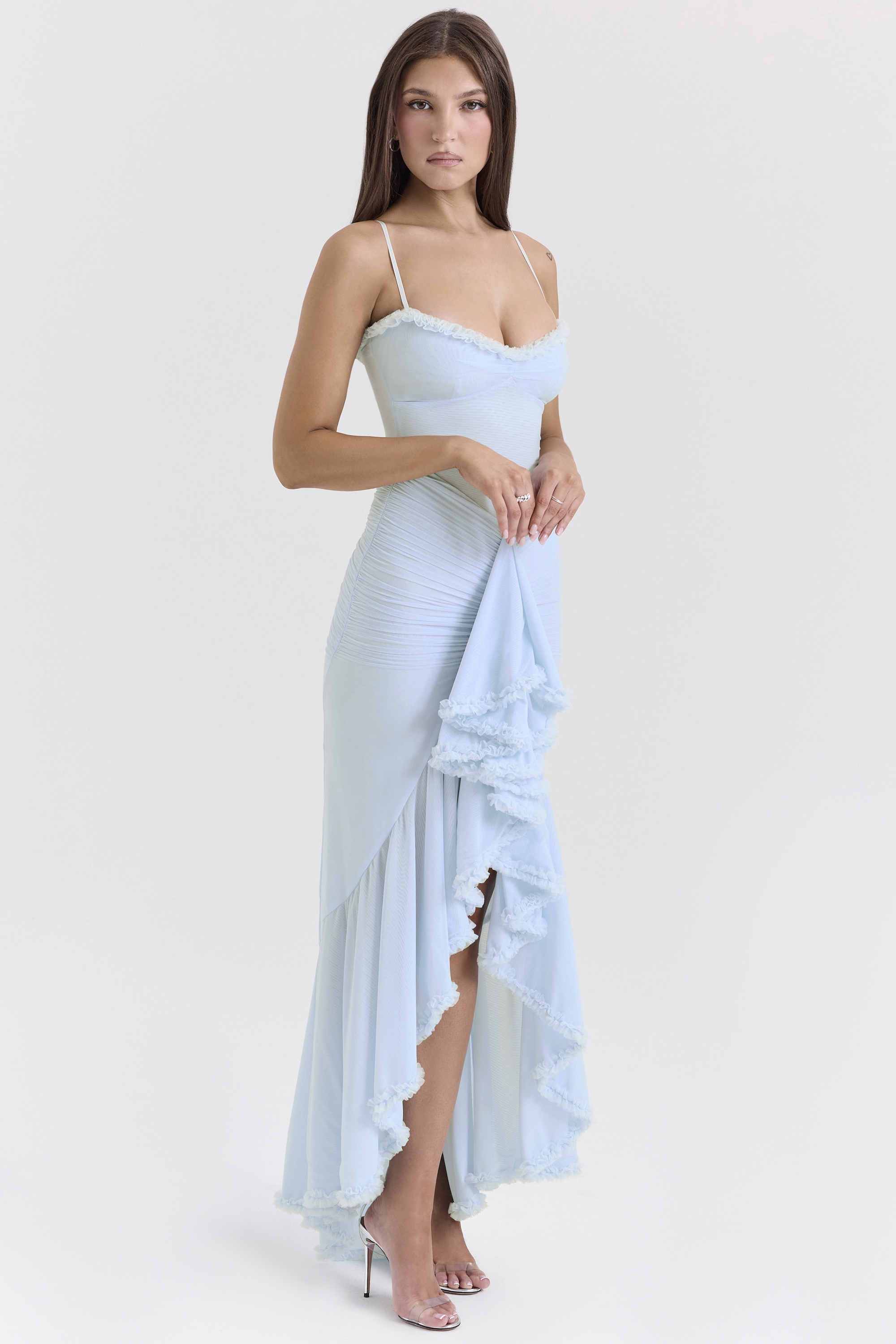 Gabbi Ice Blue Mesh Ruffled Front Gown - luluinthesky