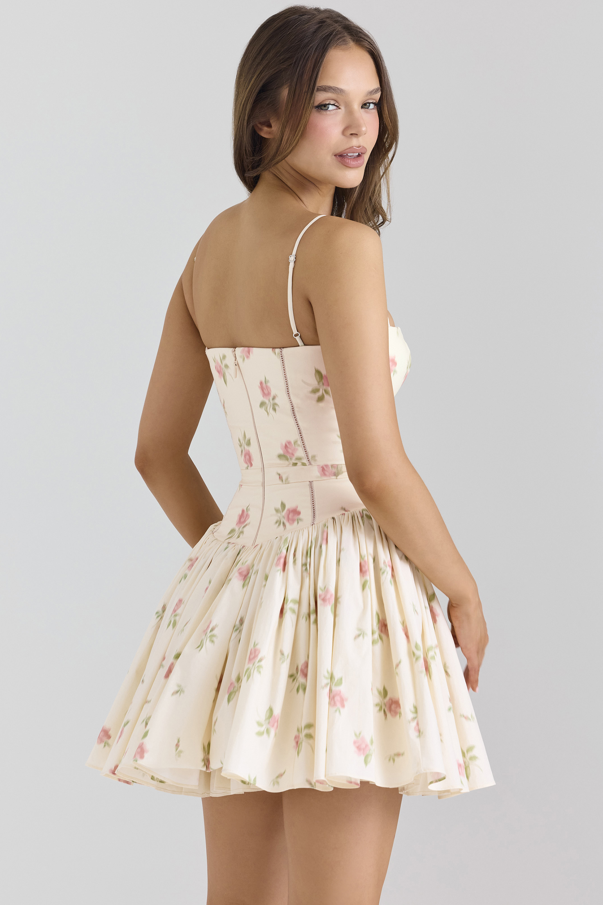 Ysabella Cream Rose Print Stretch Cotton Mini Sundress - luluinthesky