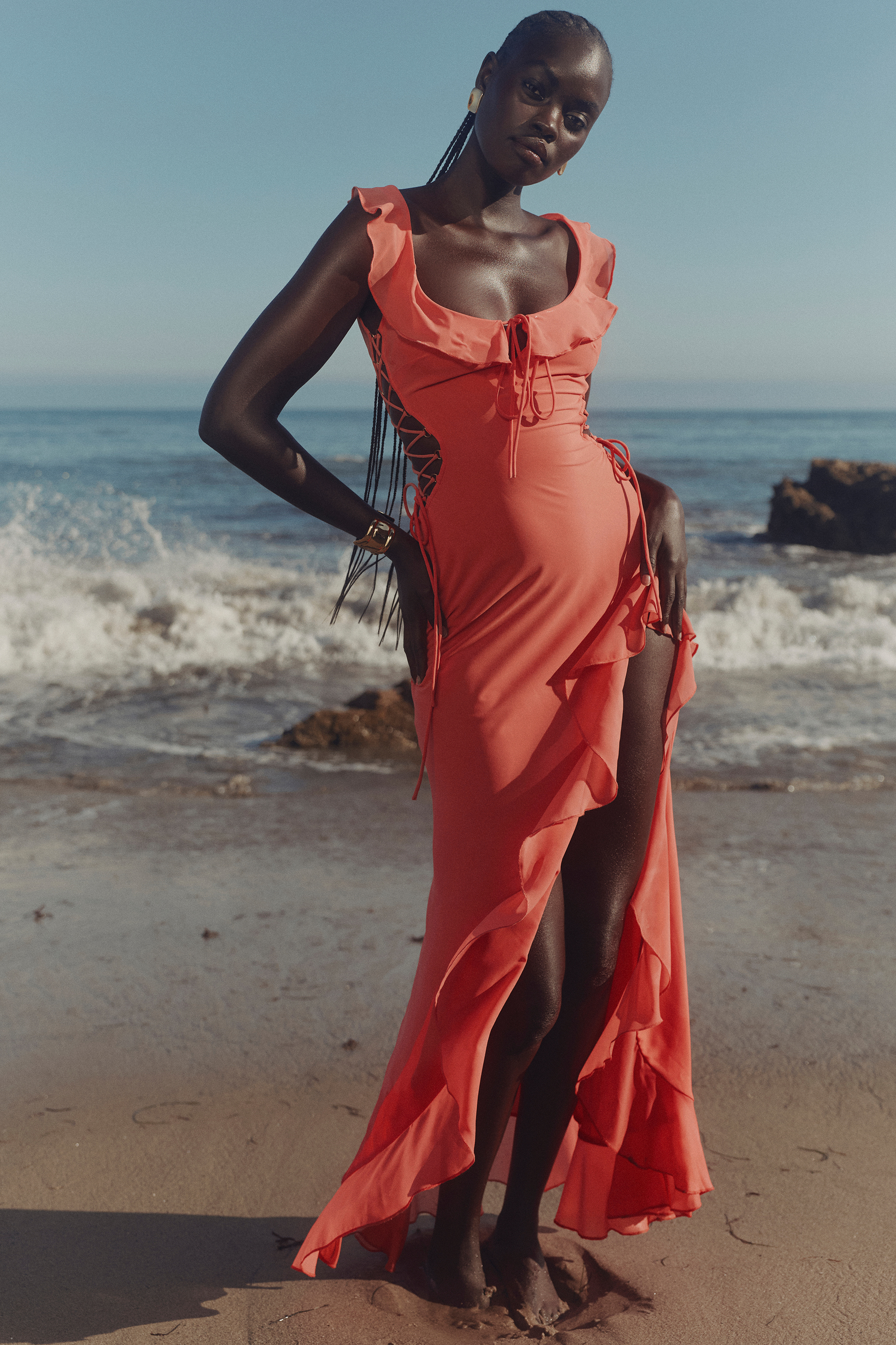 Aloura Coral Georgette Ruffle Maxi Dress - luluinthesky