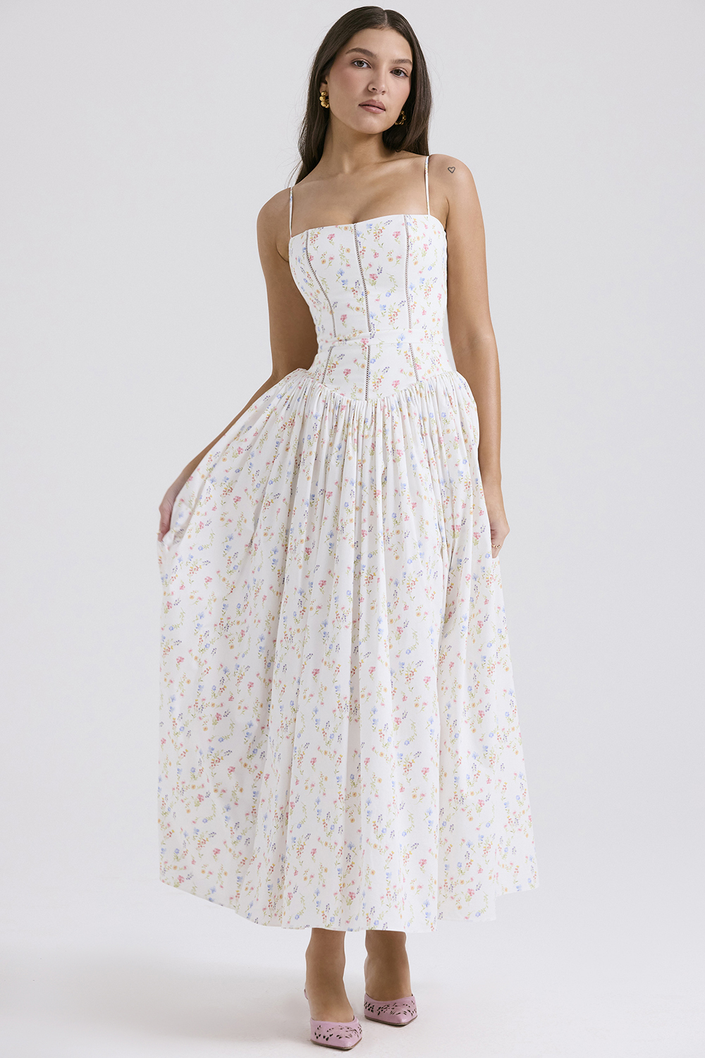 Ysabella White Posy Print Cotton Maxi Sundress - luluinthesky