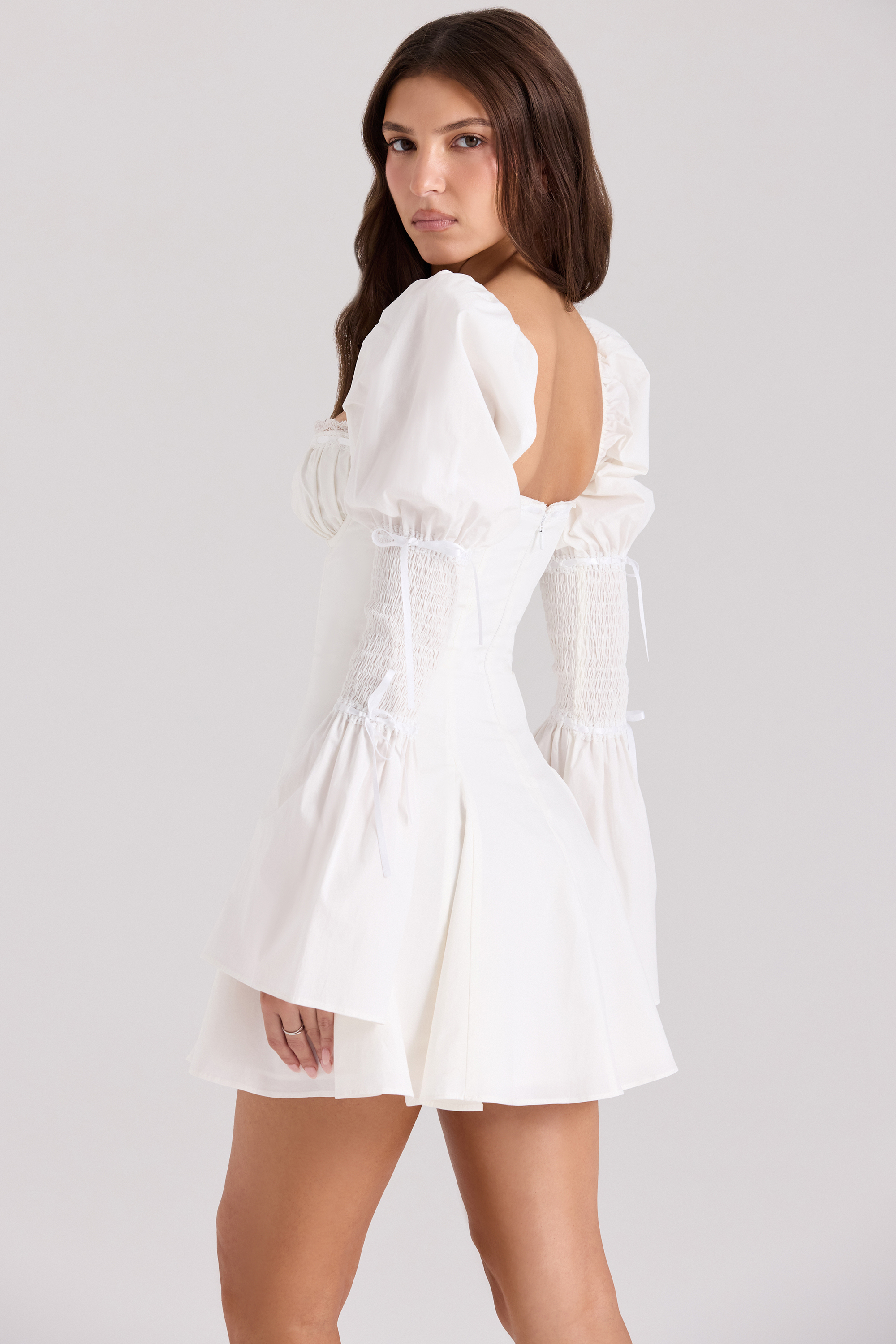 Ellerie White Cotton Flute Sleeve Mini Dress - luluinthesky