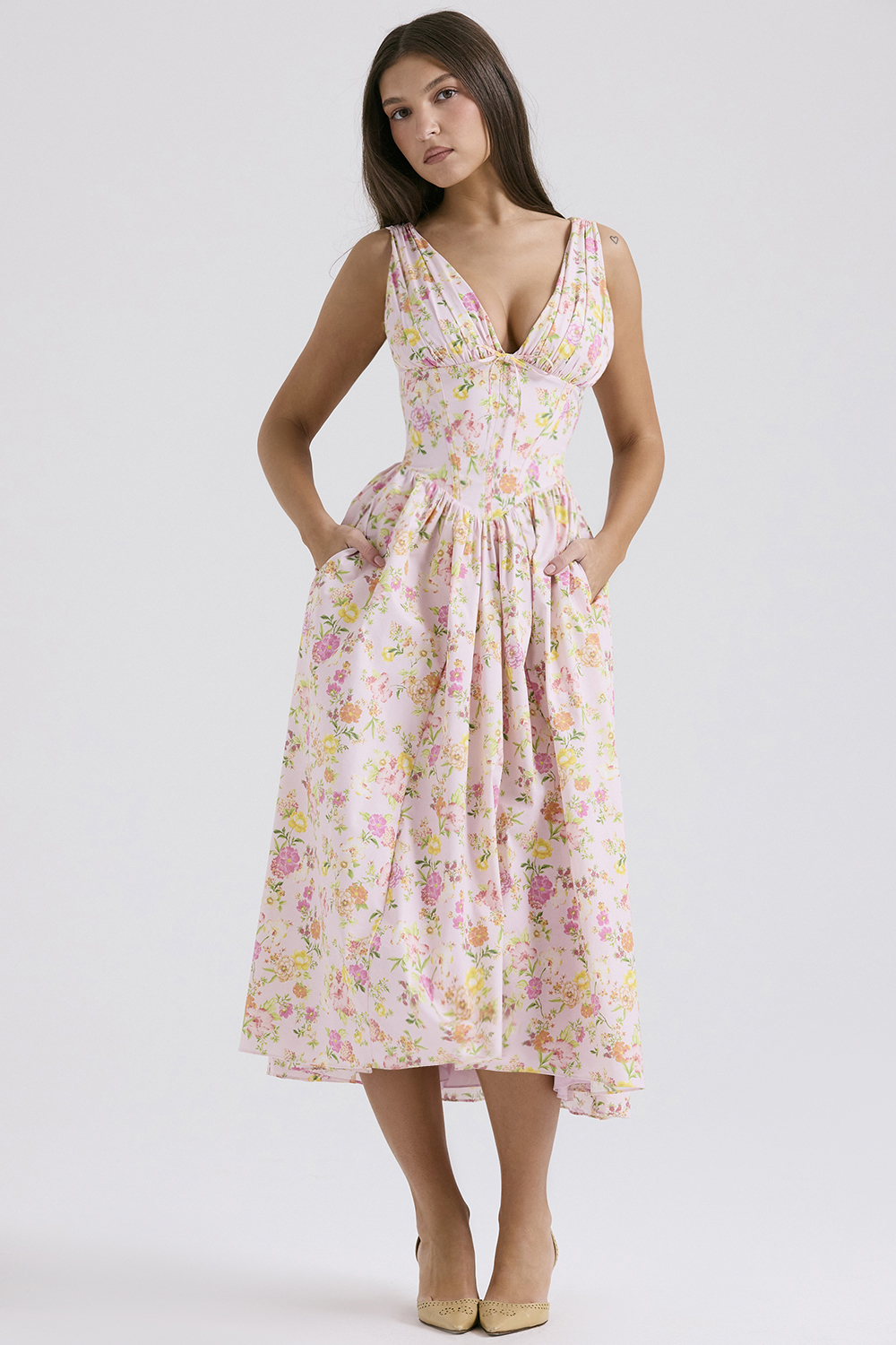 Emmelina Pink Meadow Print Cotton Corset Sundress - luluinthesky