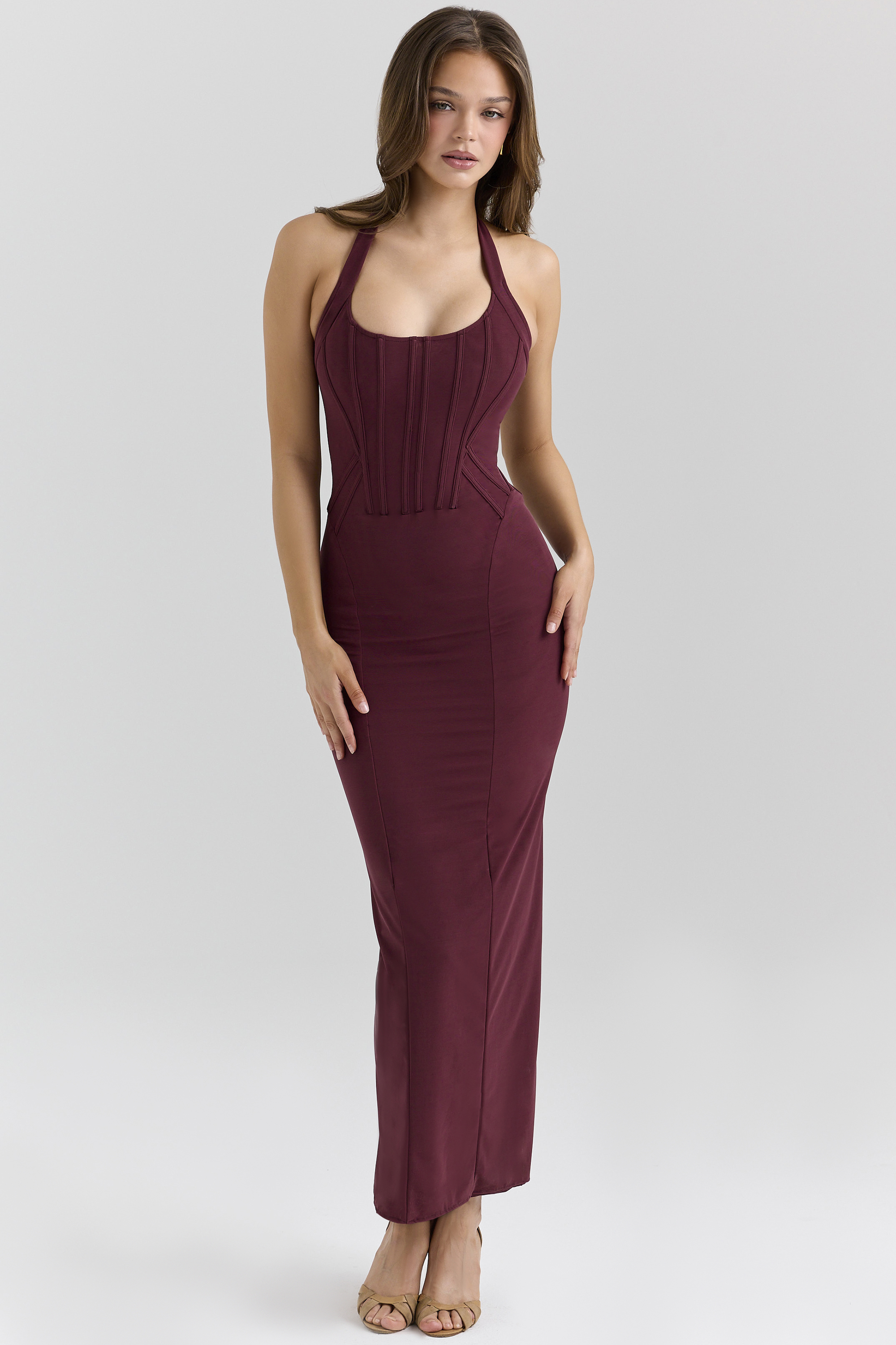 Lusilla Grape Stretch Mesh Halter Neck Midi Dress - luluinthesky