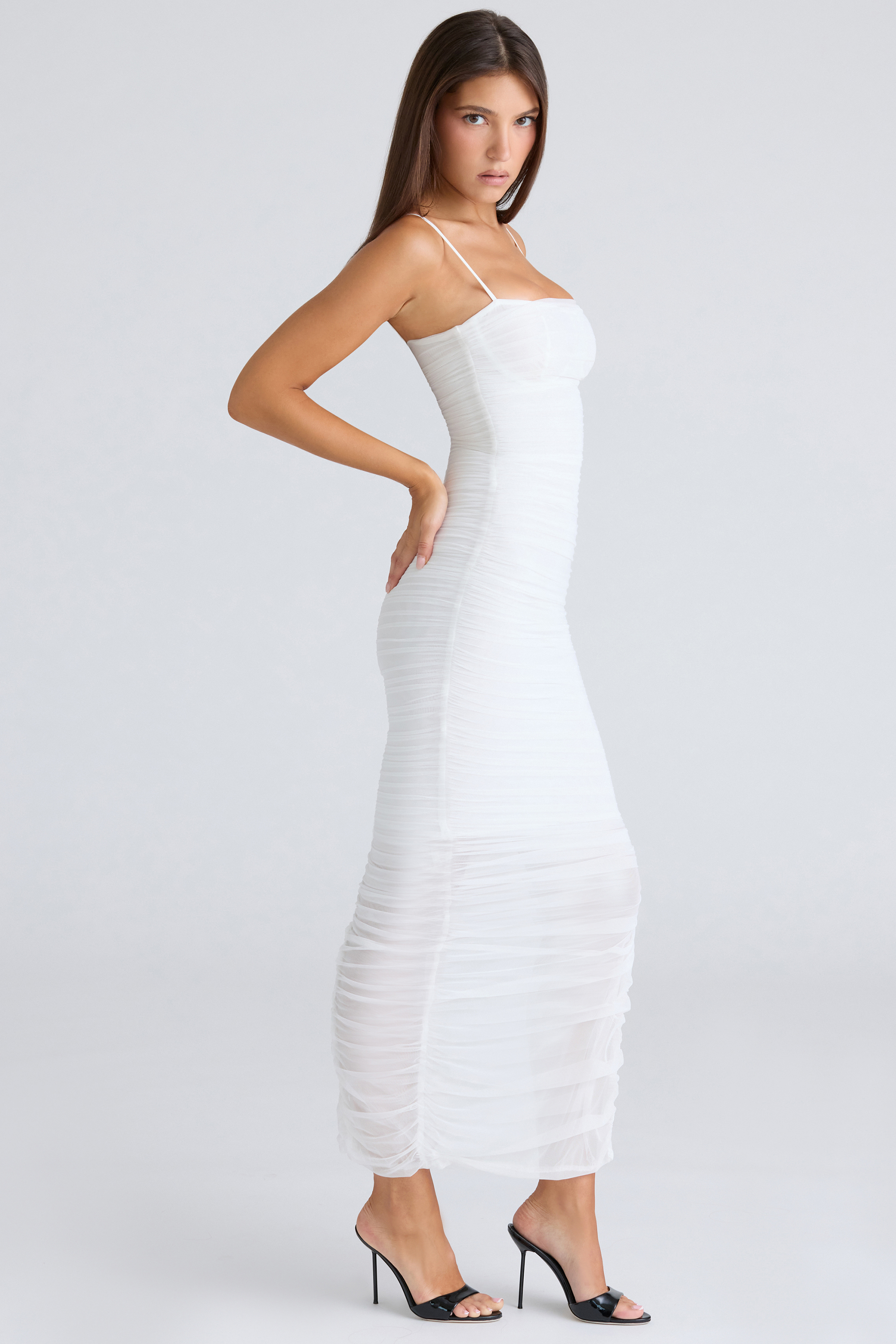 Fornarina White Gathered Stretch Mesh Maxi Dress - luluinthesky