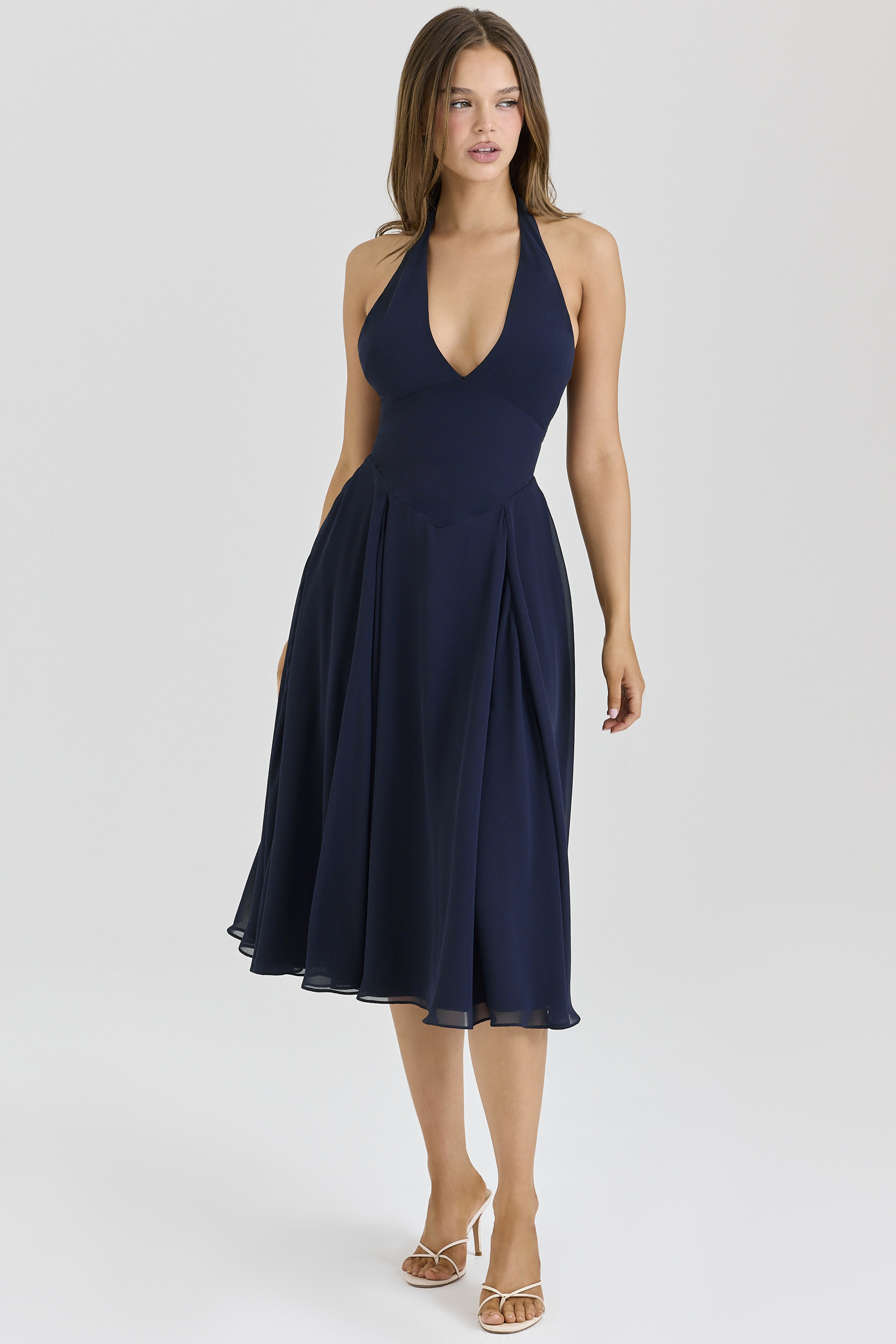 Solada Navy Georgette Halter Midi Dress - luluinthesky