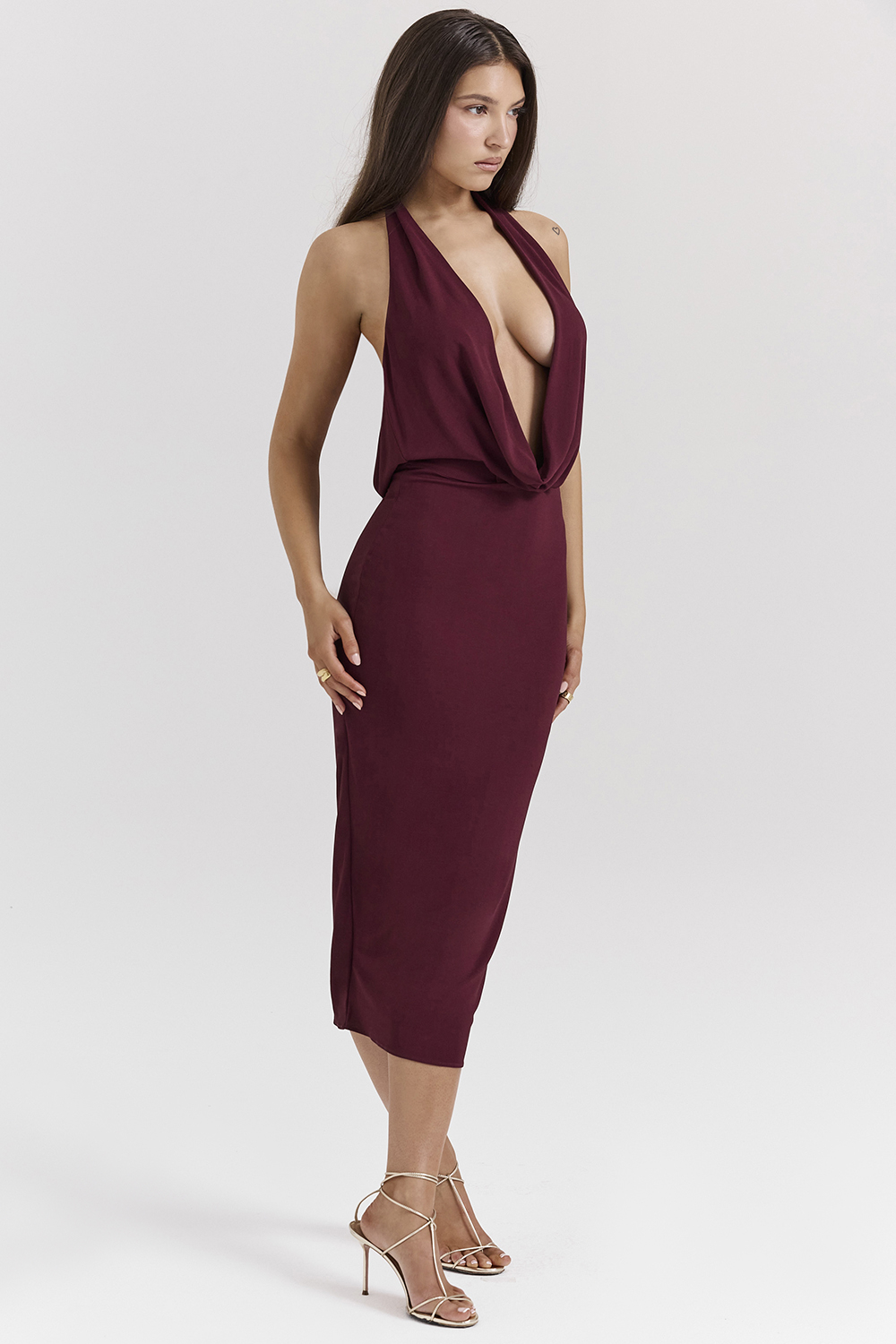 Florentina Merlot Draped Midi Dress - luluinthesky