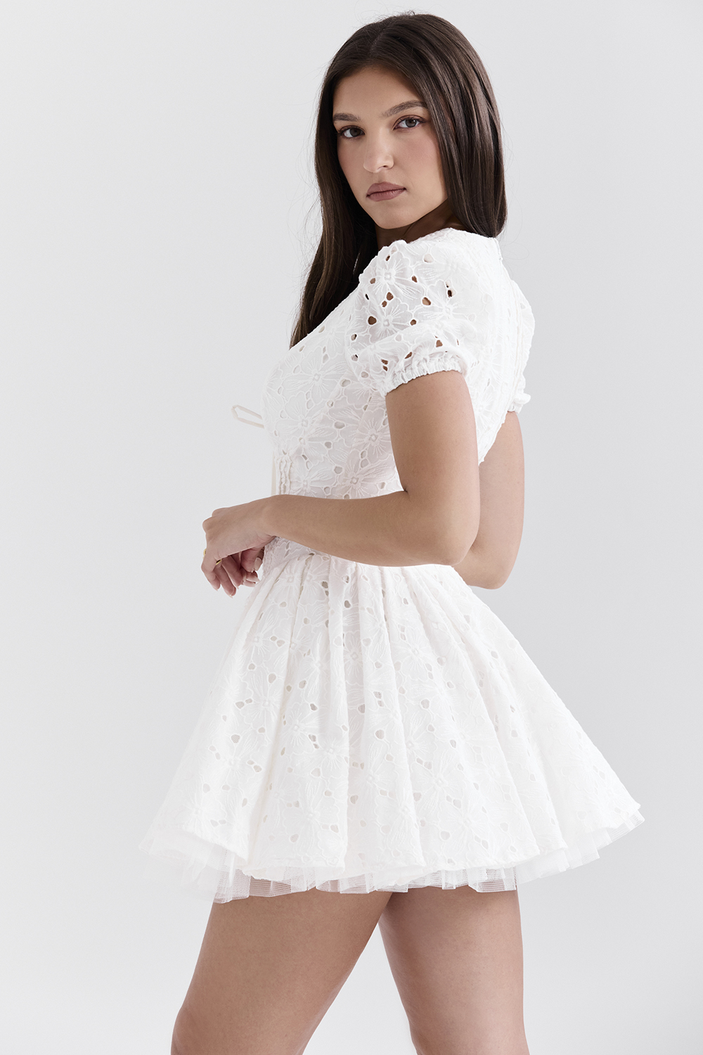 Imani White Pleated Broderie Anglais Mini Dress - luluinthesky