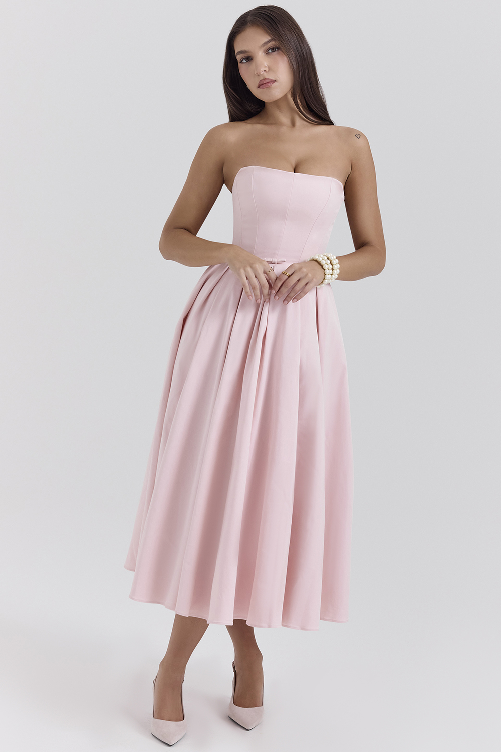Contessa Parisian Pink Strapless Corset Midi Dress - luluinthesky