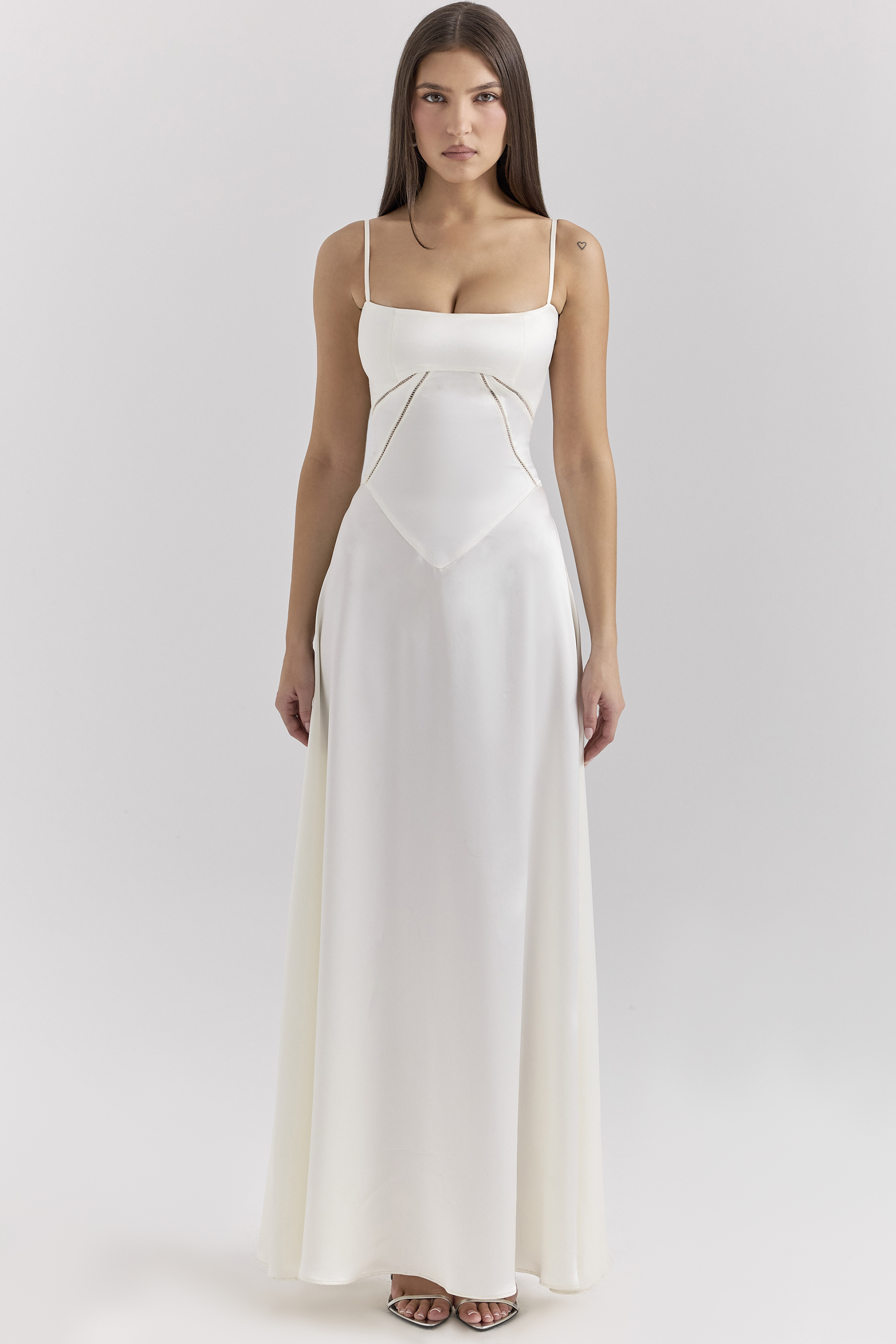 Anabella Ivory Satin Lace Up Maxi Dress - luluinthesky