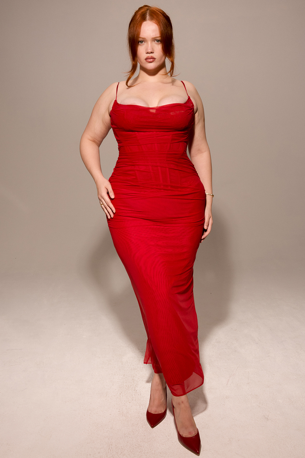Nalini Holly Red Stretch Mesh Corset Maxi Dress - luluinthesky