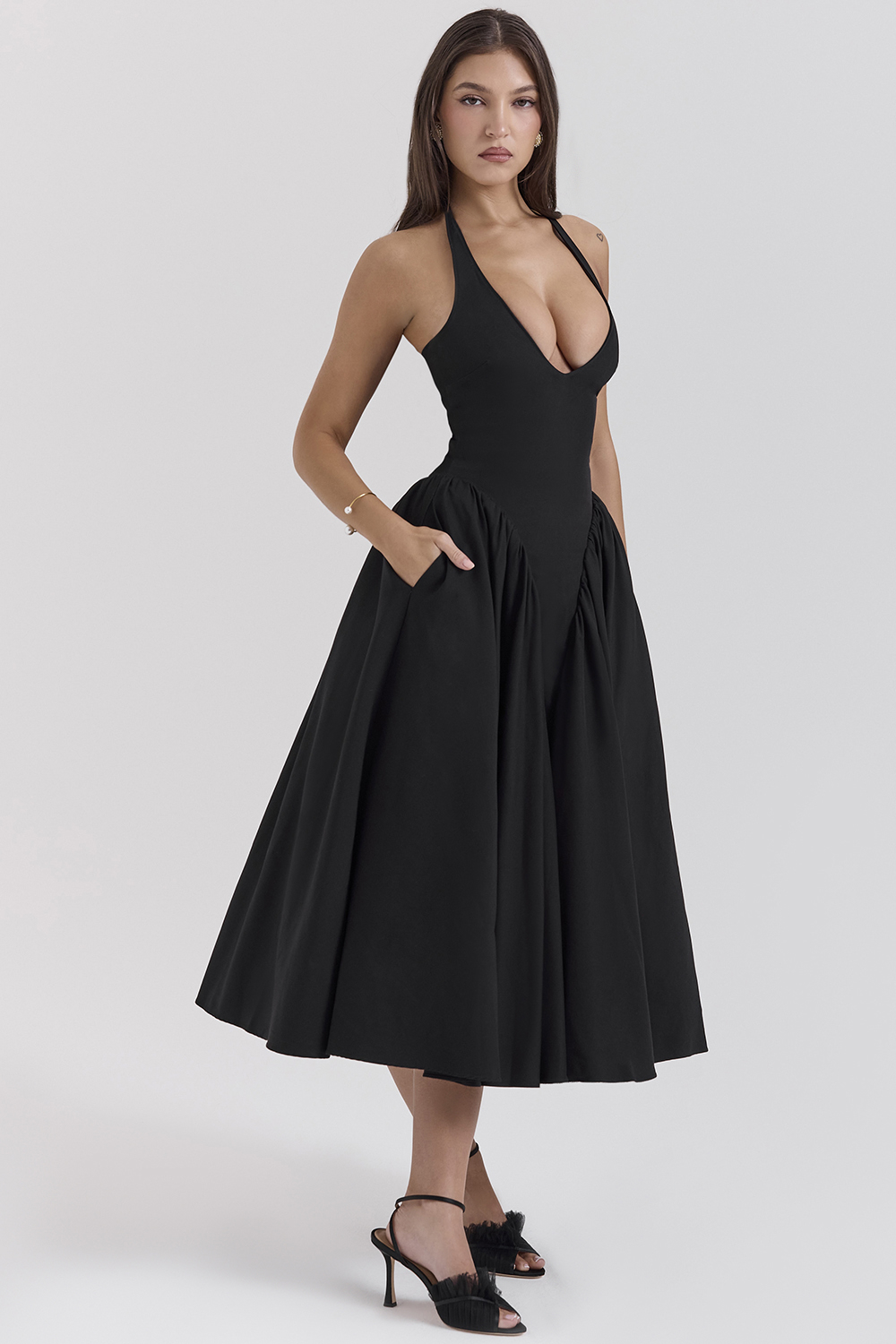 Marilyn Black Twill Halter Midi Dress - luluinthesky