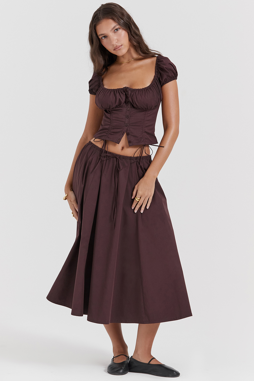 Cora Rich Brown Gathered Midi Skirt - luluinthesky