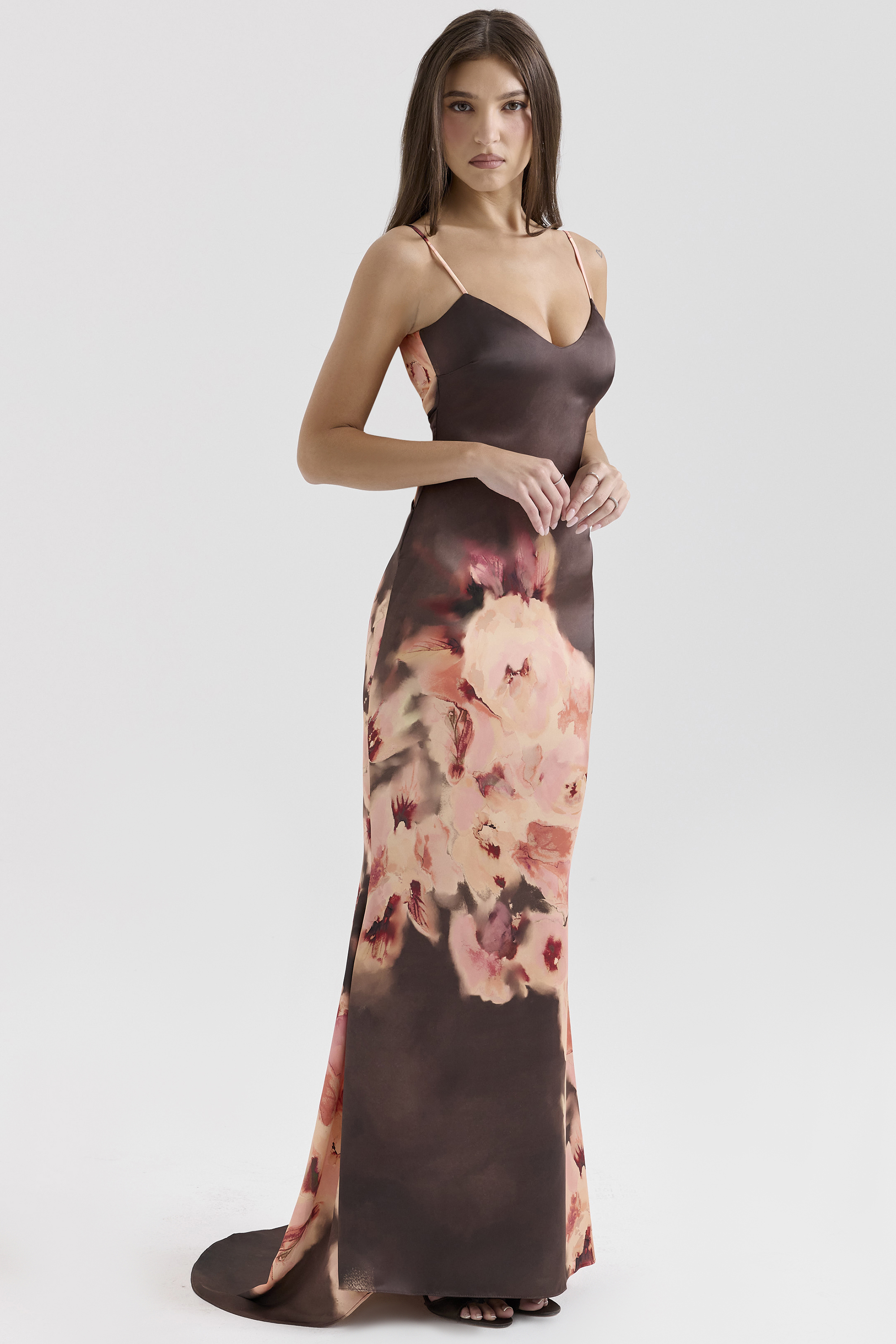 Mariamma Dark Brown Floral Printed Satin Maxi Dress - luluinthesky