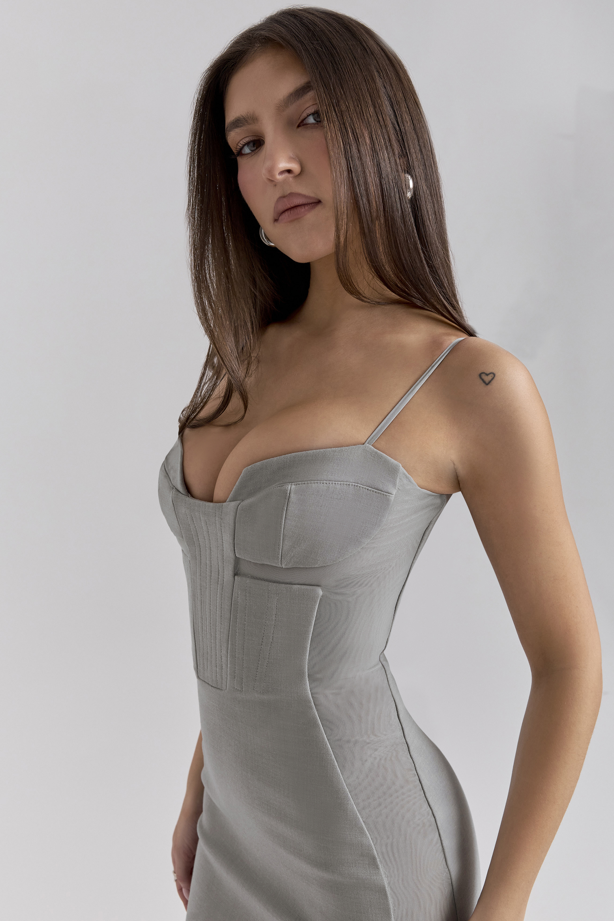 Kiki Light Grey Mesh Panelled Bodycon Midi Dress - luluinthesky