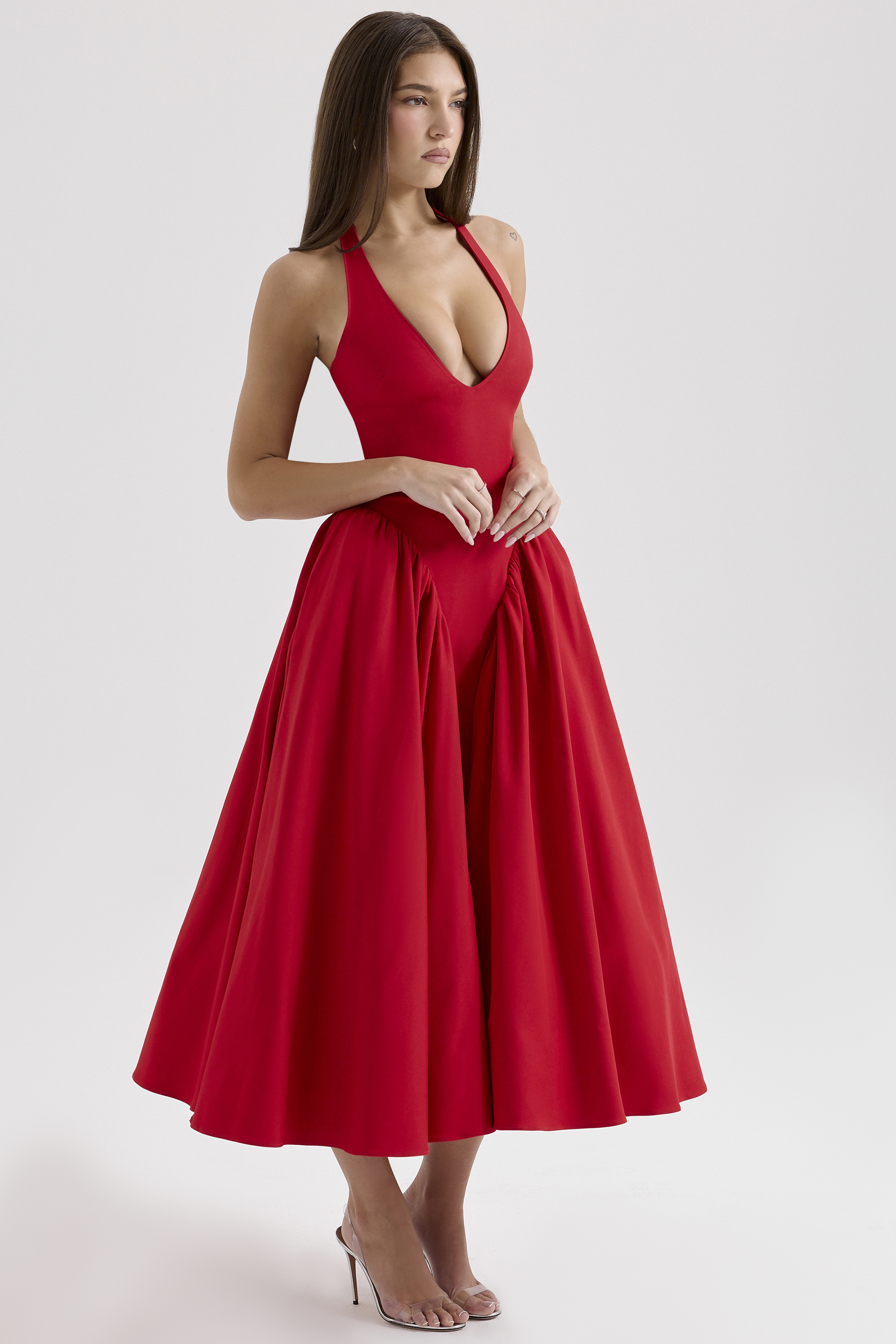 Marilyn Red Twill Halter Midi Dress - luluinthesky