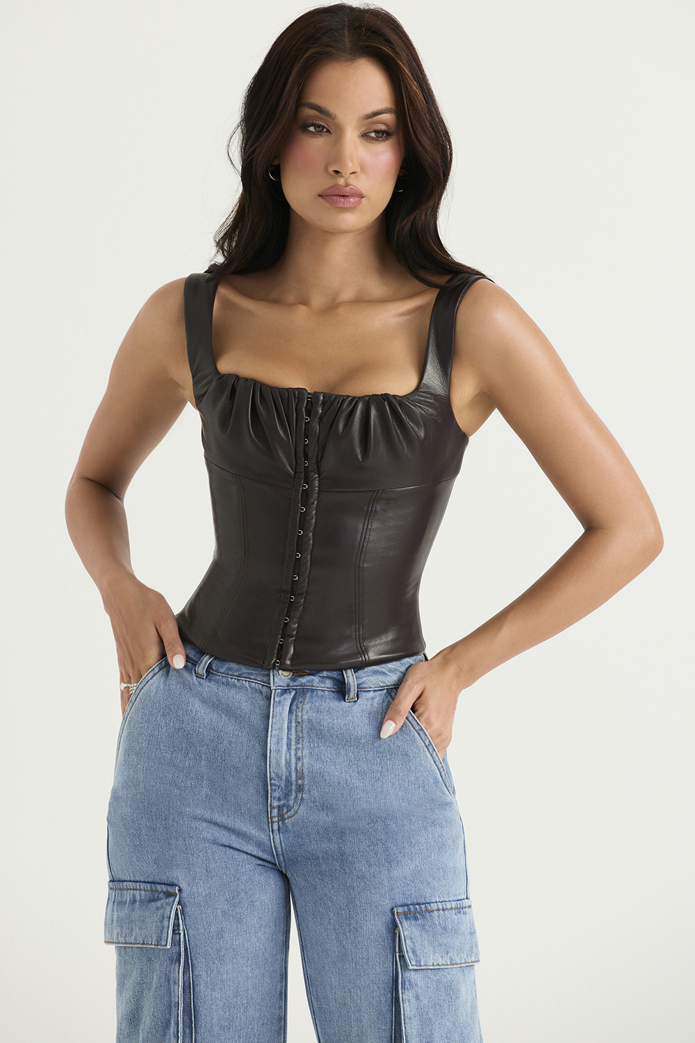 James Bitter Chocolate Vegan Leather Corset - luluinthesky