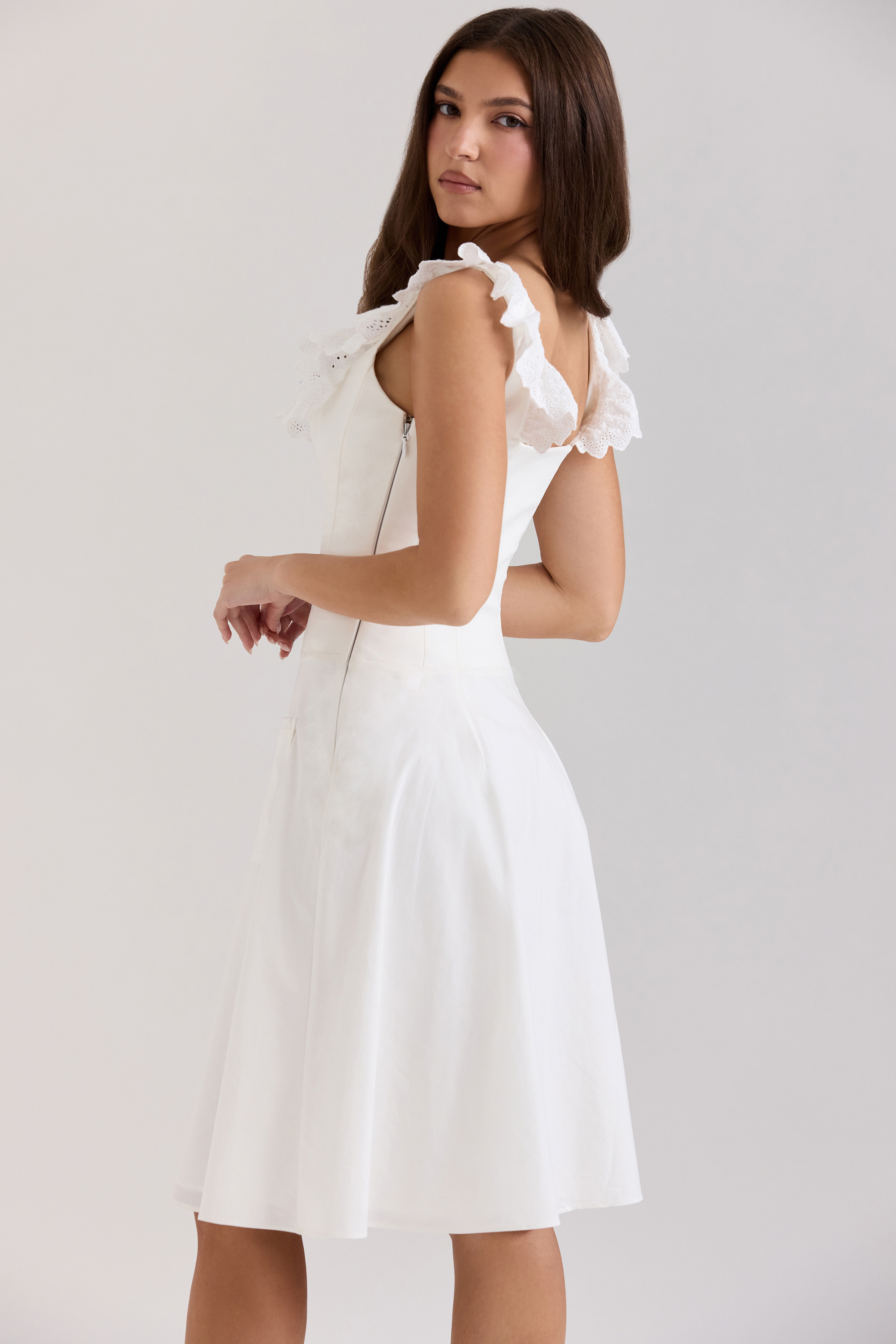 Mathilde White Cotton Broderie Anglaise Trim Midi Dress - luluinthesky