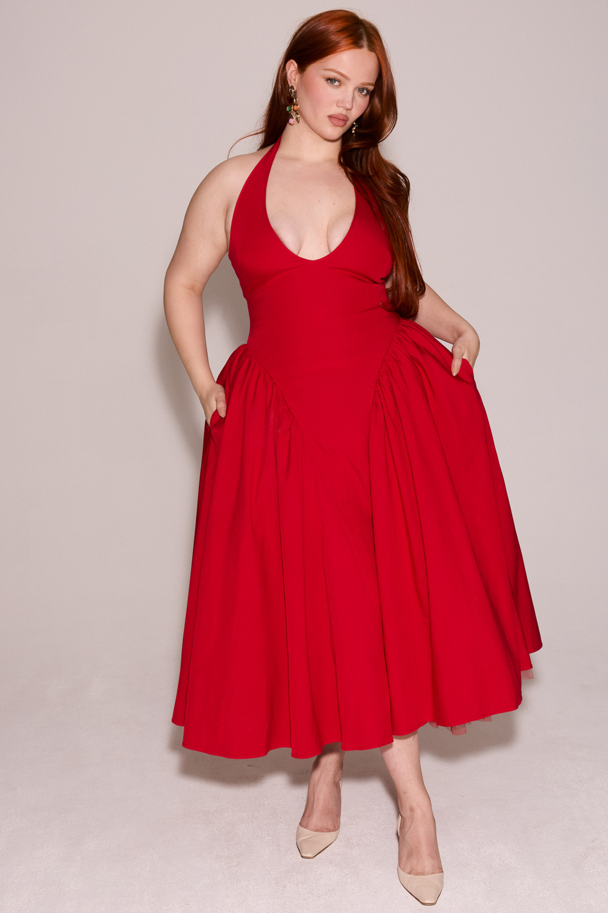 Marilyn Red Twill Halter Midi Dress - luluinthesky