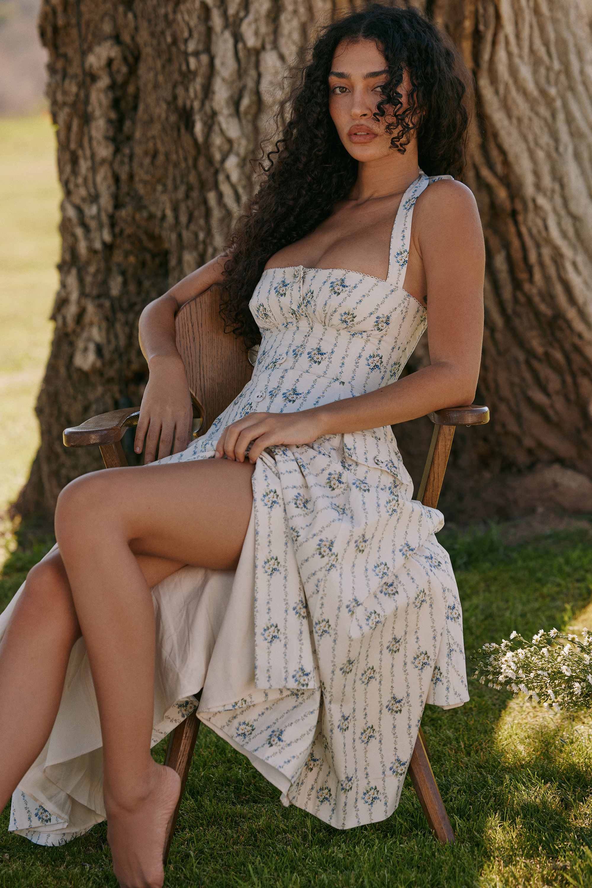 Claudia Cream Daisy Print Stretch Cotton Halter Neck Midi Dress - luluinthesky