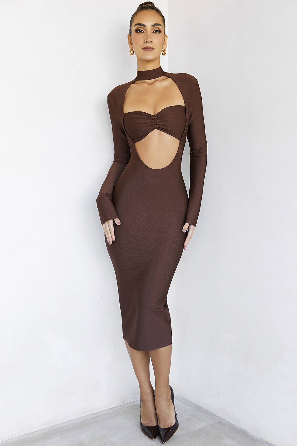 ImplicationsMistress Rocks  Chocolate Bandage Cutout Midi Dress - luluinthesky