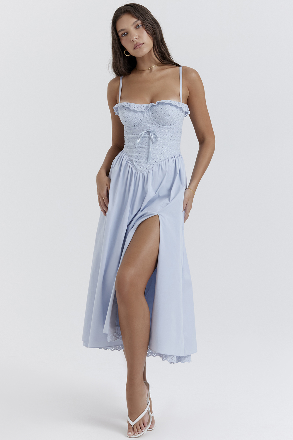 Jaime Soft Blue Cotton Broderie Anglais Midi SunDress - luluinthesky