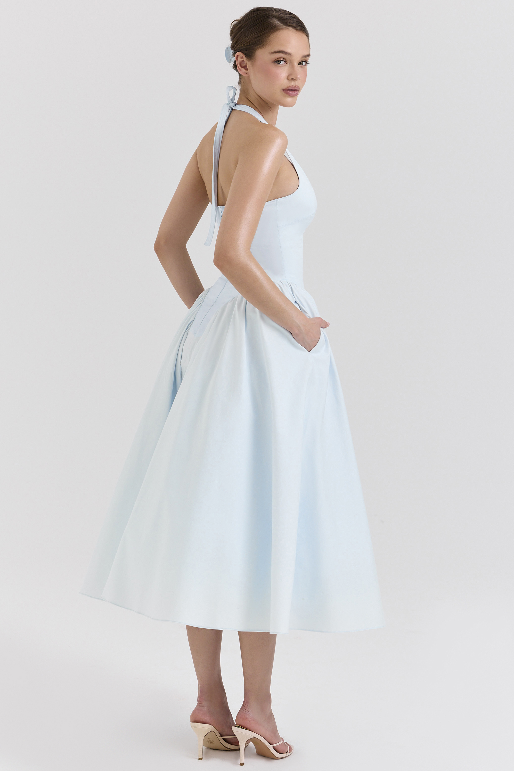 Marilyn Soft Blue Cotton Twill Halter Midi Sundress - luluinthesky