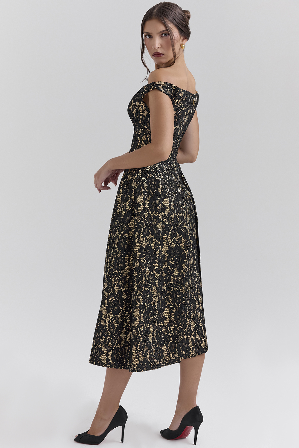 Charming Black Gold Lace Off Shoulder Midi Gown - luluinthesky