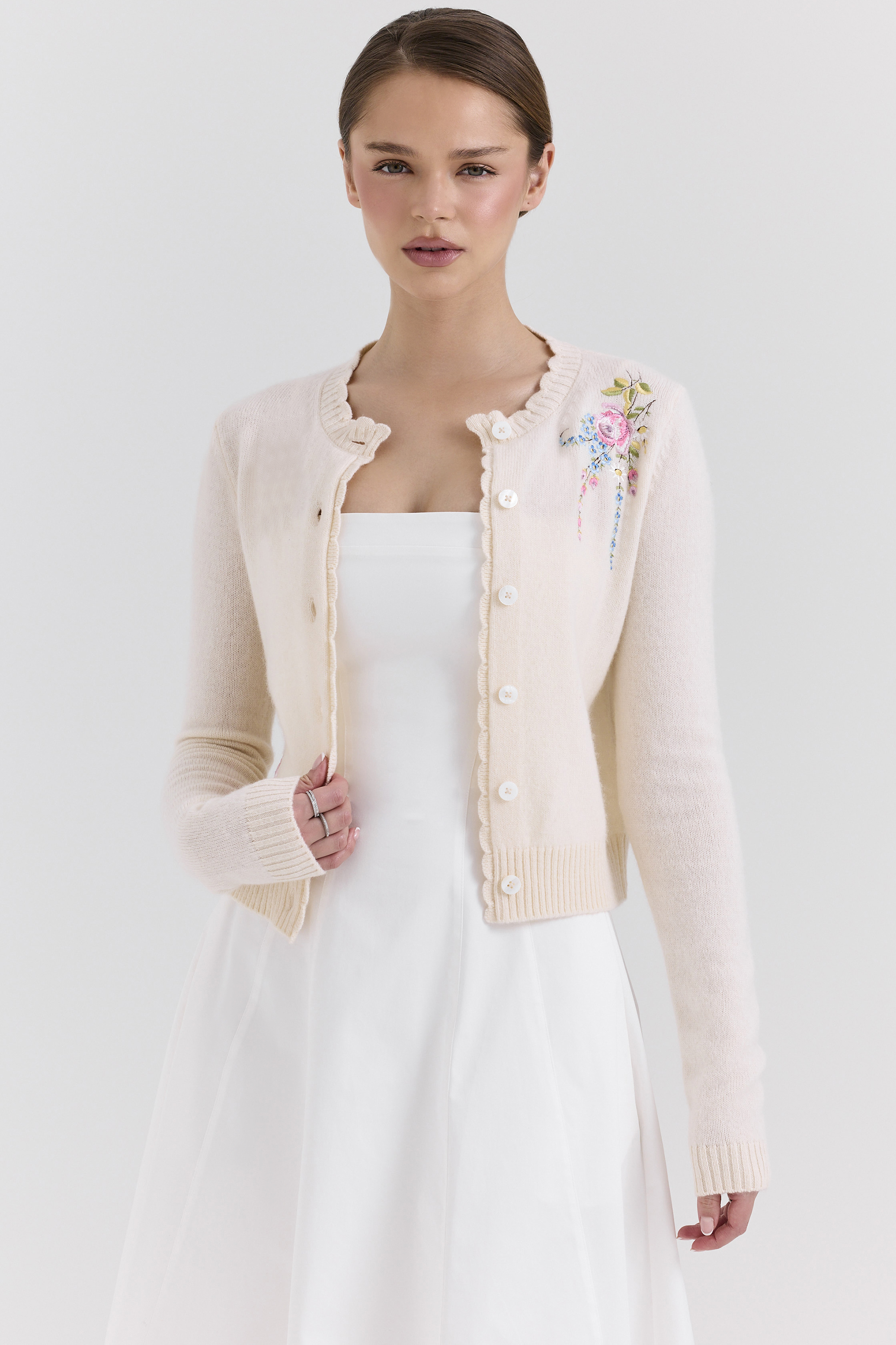 Anjou Cream Lambswool Floral Embroidered Cardigan - luluinthesky