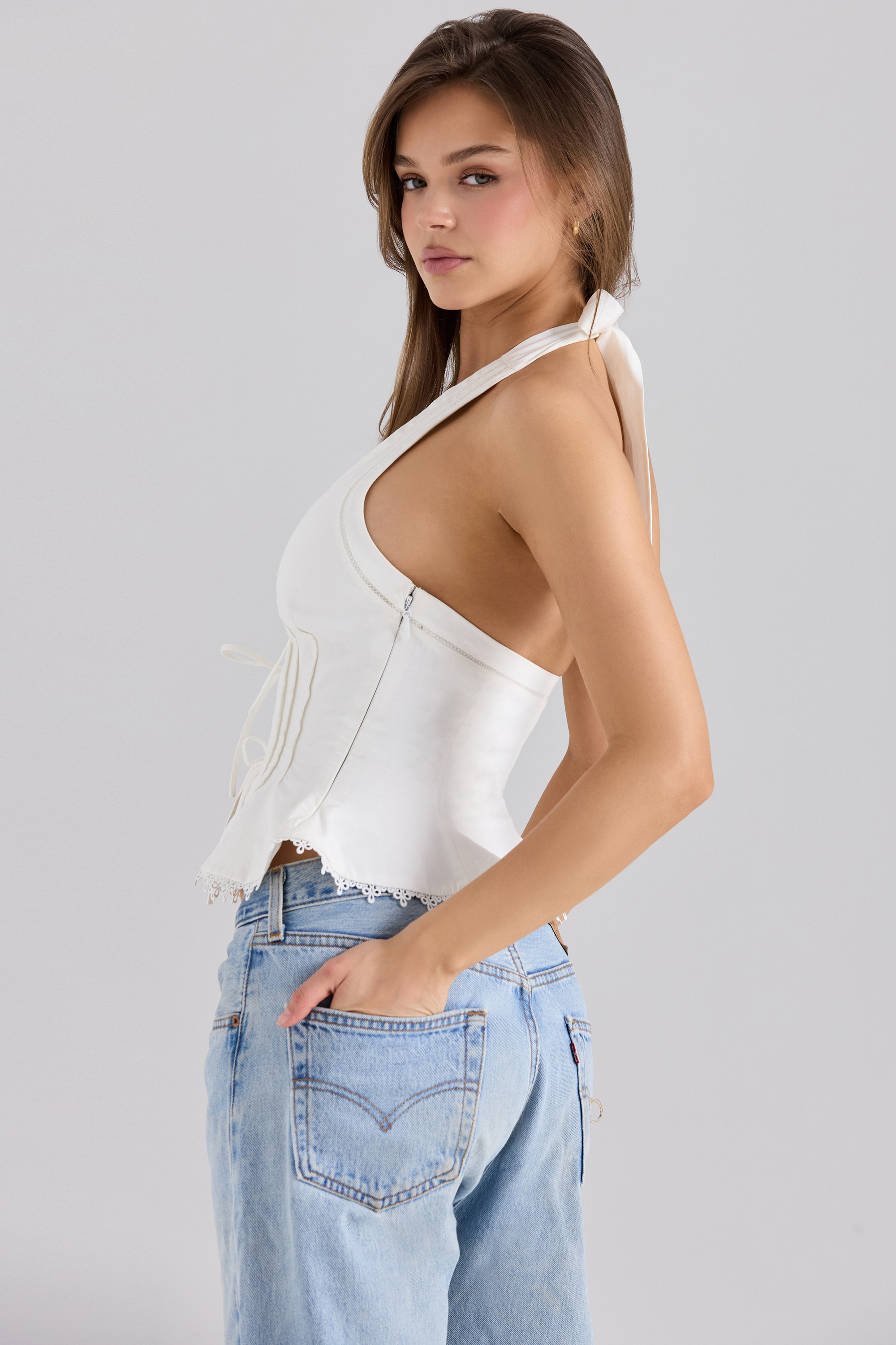 Elana White Stretch Cotton Halter Neck Corset Top - luluinthesky