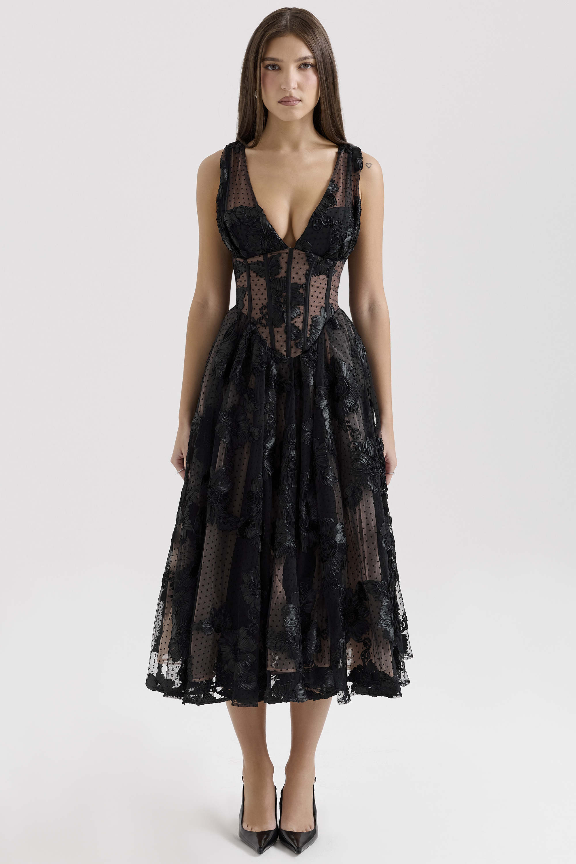 Sianna Black Embroidered Tulle Corset Midi Dress - luluinthesky
