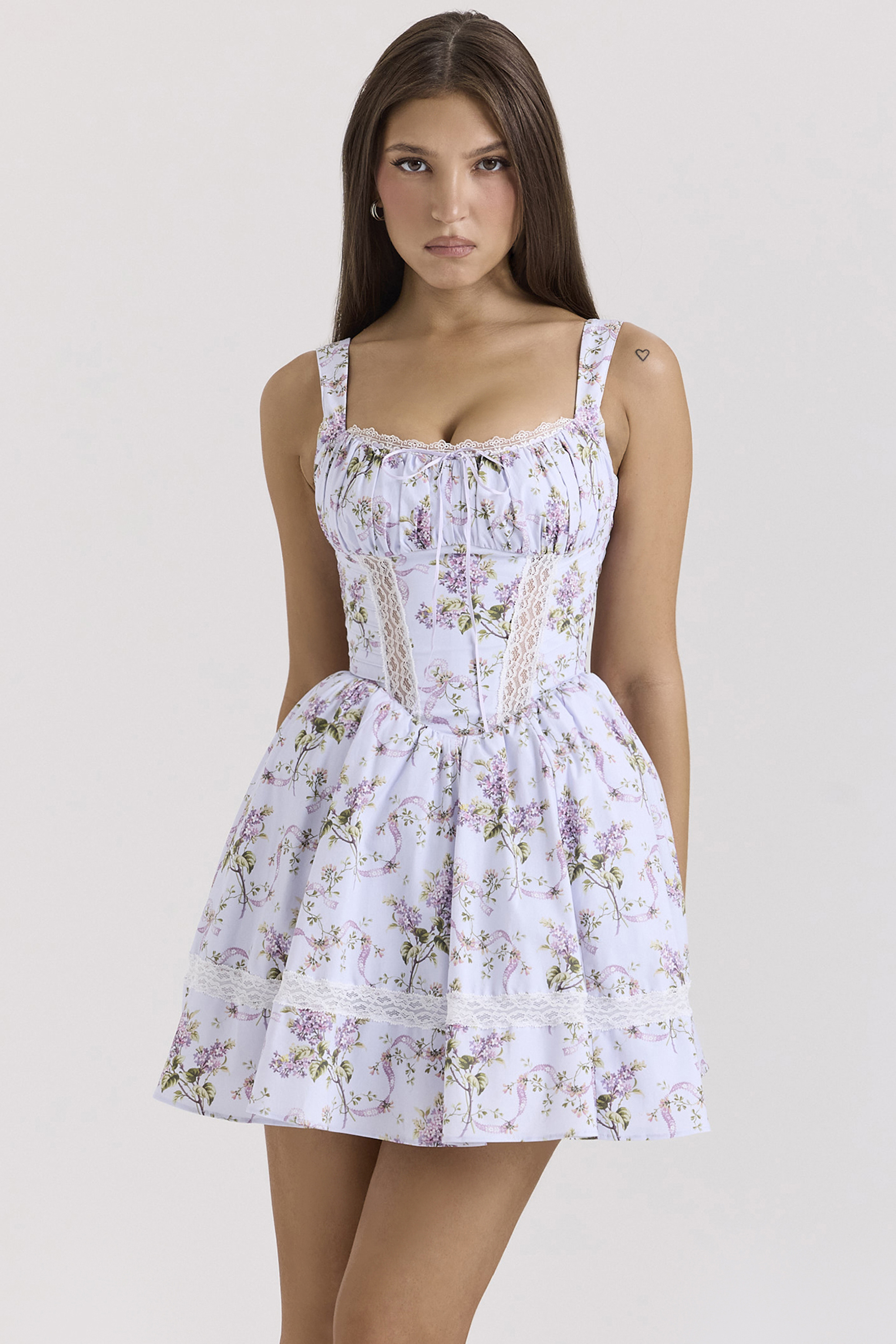Kimmie Lilac Ribbon Print Cotton Mini Dress - luluinthesky