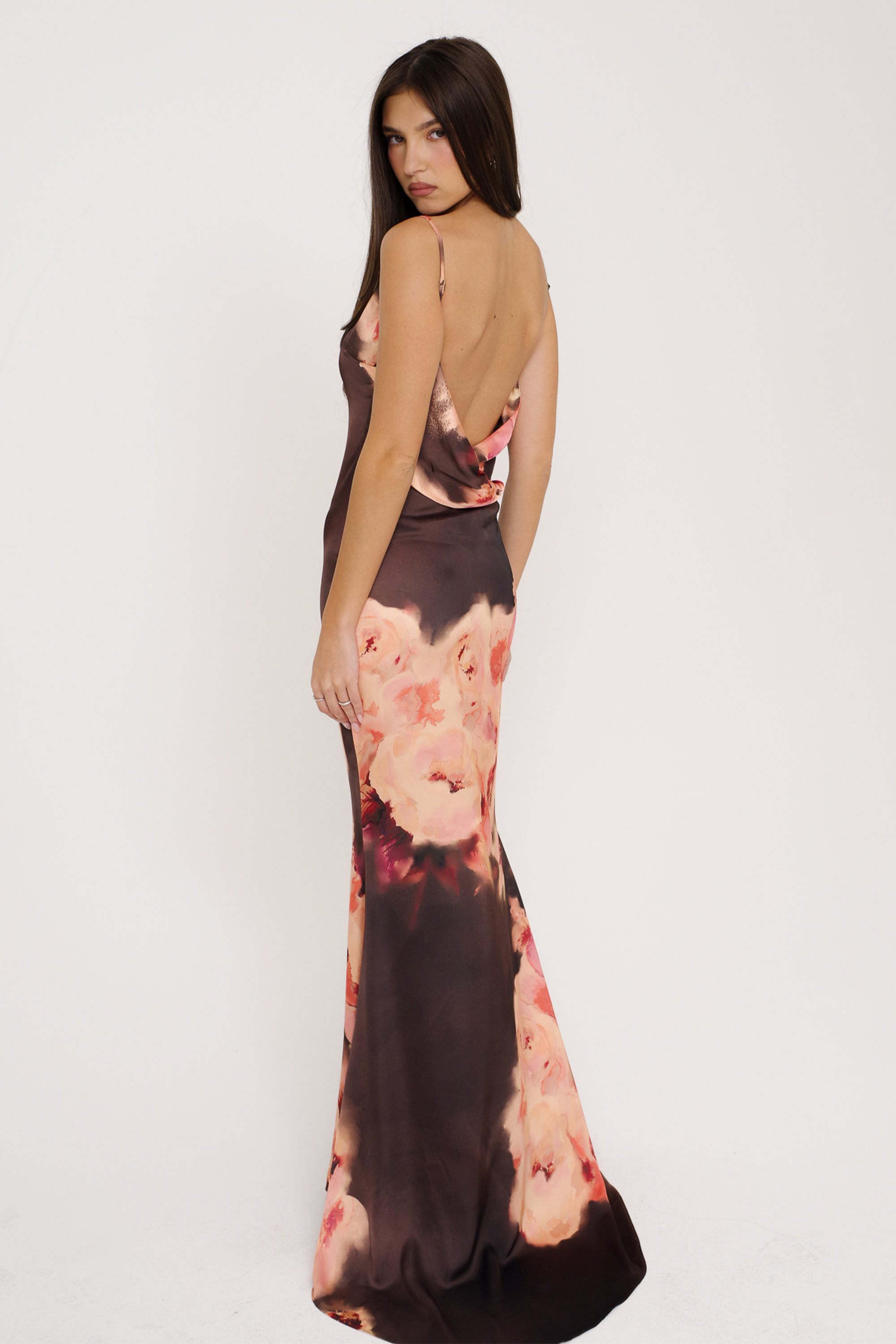 Mariamma Dark Brown Floral Printed Satin Maxi Dress - luluinthesky