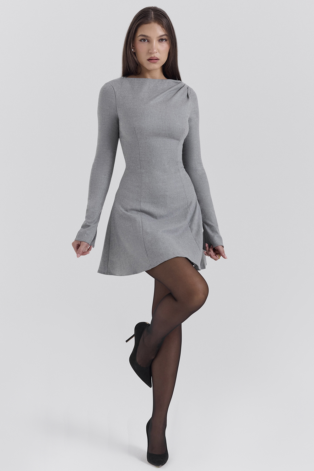 Angelique Grey A-Line Long Sleeve Mini  Dress - SALE - luluinthesky