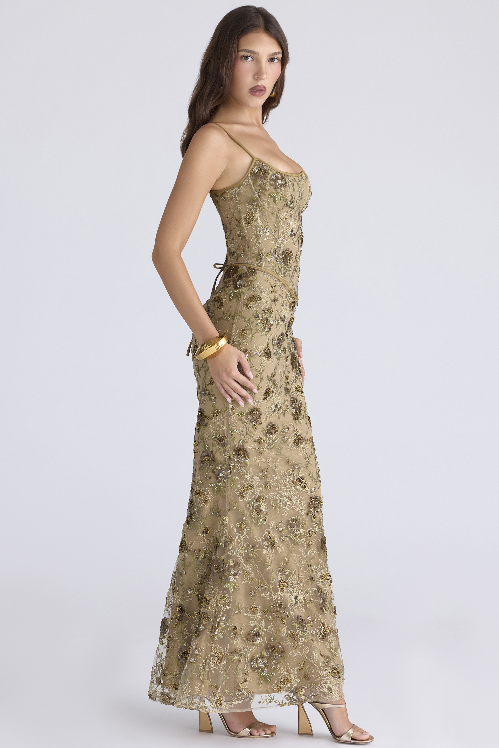 Naima Olive Bronze Hand Beaded Embellished Corset Maxi Dress - Limited Edition - luluinthesky