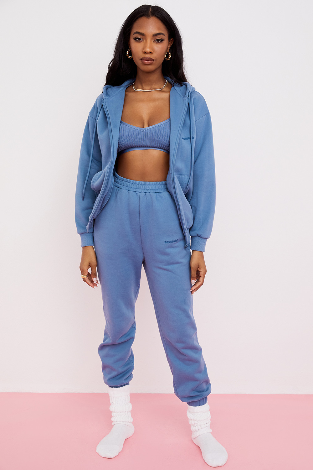 Storm Azure Cotton Fleece-Back Zip Through Hoodie - luluinthesky